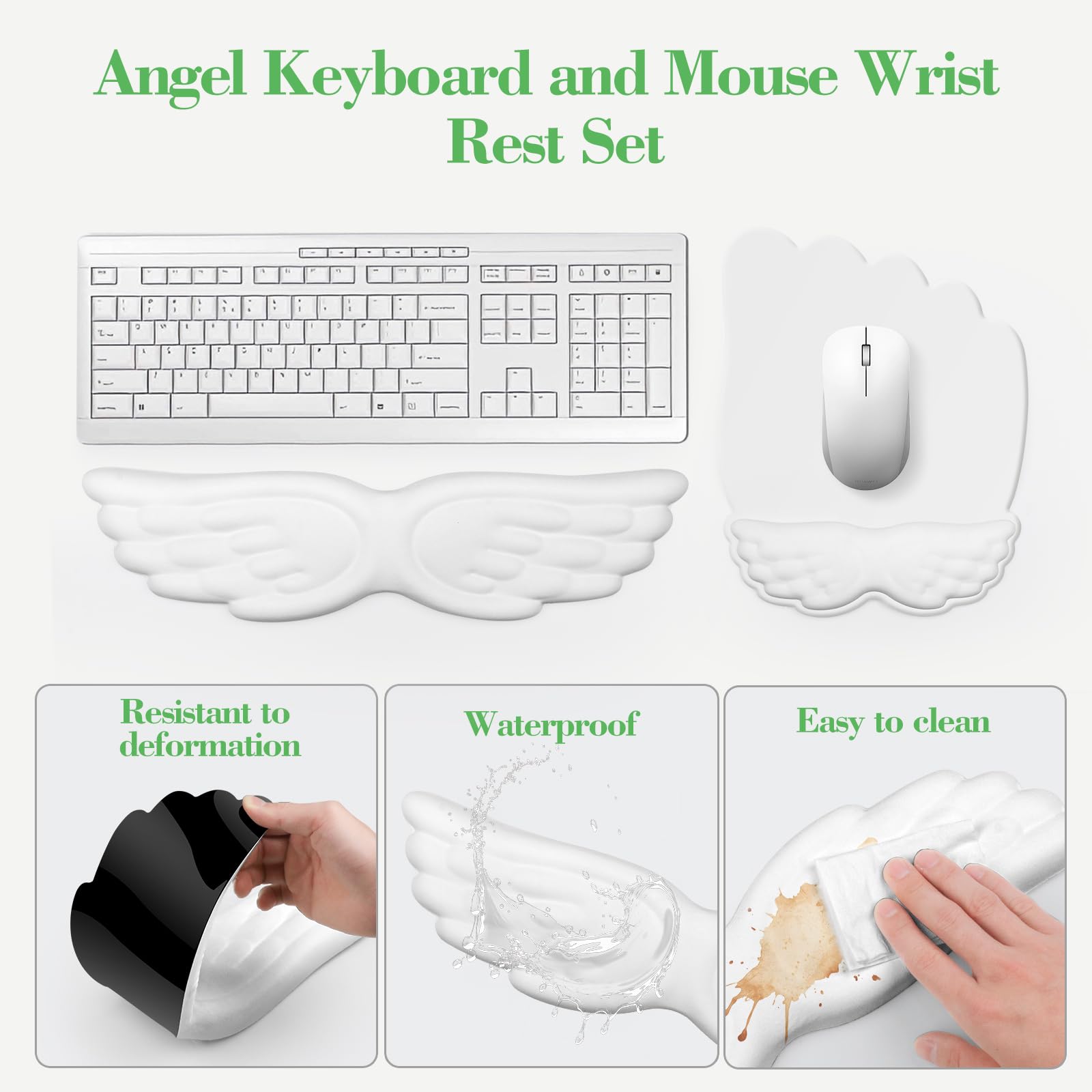 Angel Wing Handgelenkauflage-Set, ergonomische Tastatur-Maus-Handgelenkstütze, Memory-Schaum-Kissen, Handstütze, niedliche Handgelenkauflage, PU-Leder-Oberfläche, rutschfeste Unterseite für Büro