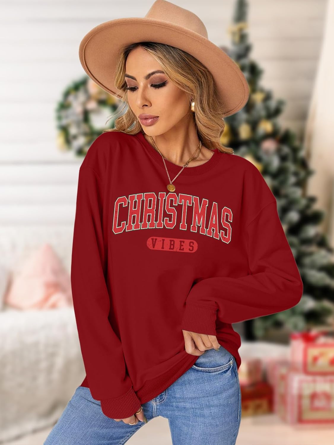 Merry Christmas Sweatshirt for Women Christmas Vibes Sweatshirts Xmas Holiday Casual Long Sleeve Pullover Tops - Image 3