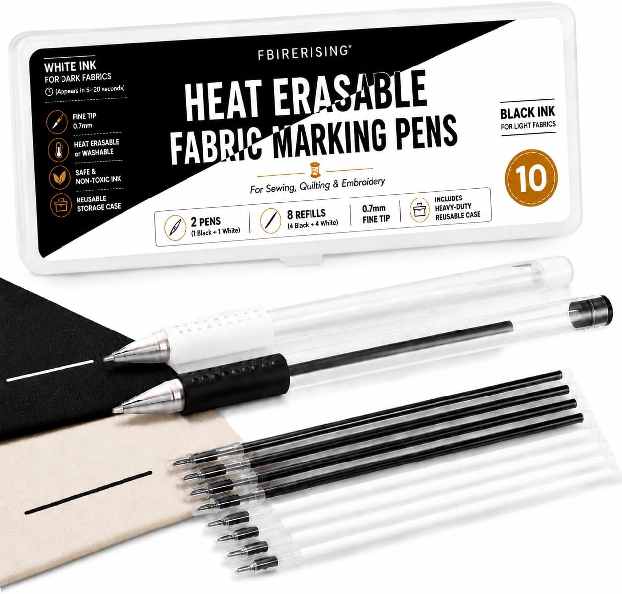 Heat Erasable Fabric Marking Pens Kit, Black & White Fabric Pens with 8 Refills and Reusable Storage Case, 0.7mm Heat Vanishing Markers for Sewing Quilting Embroidery