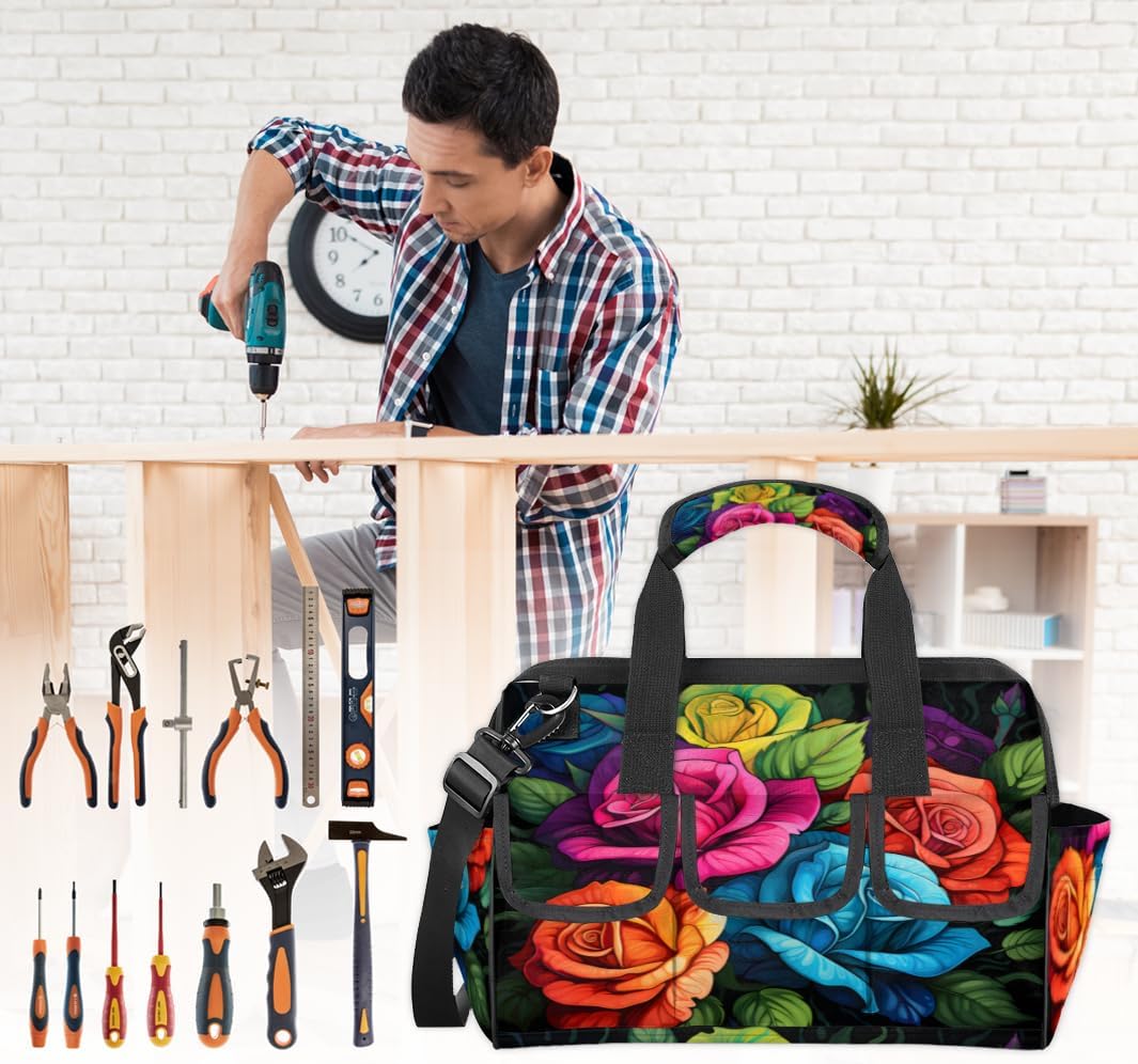 Colorful Flowers Heavy Duty Tool Bag 14.8 Inch Summer Watercolor Floral Portable Soft Tool Box Organizer Storage with Adjustable Shoulder Strap