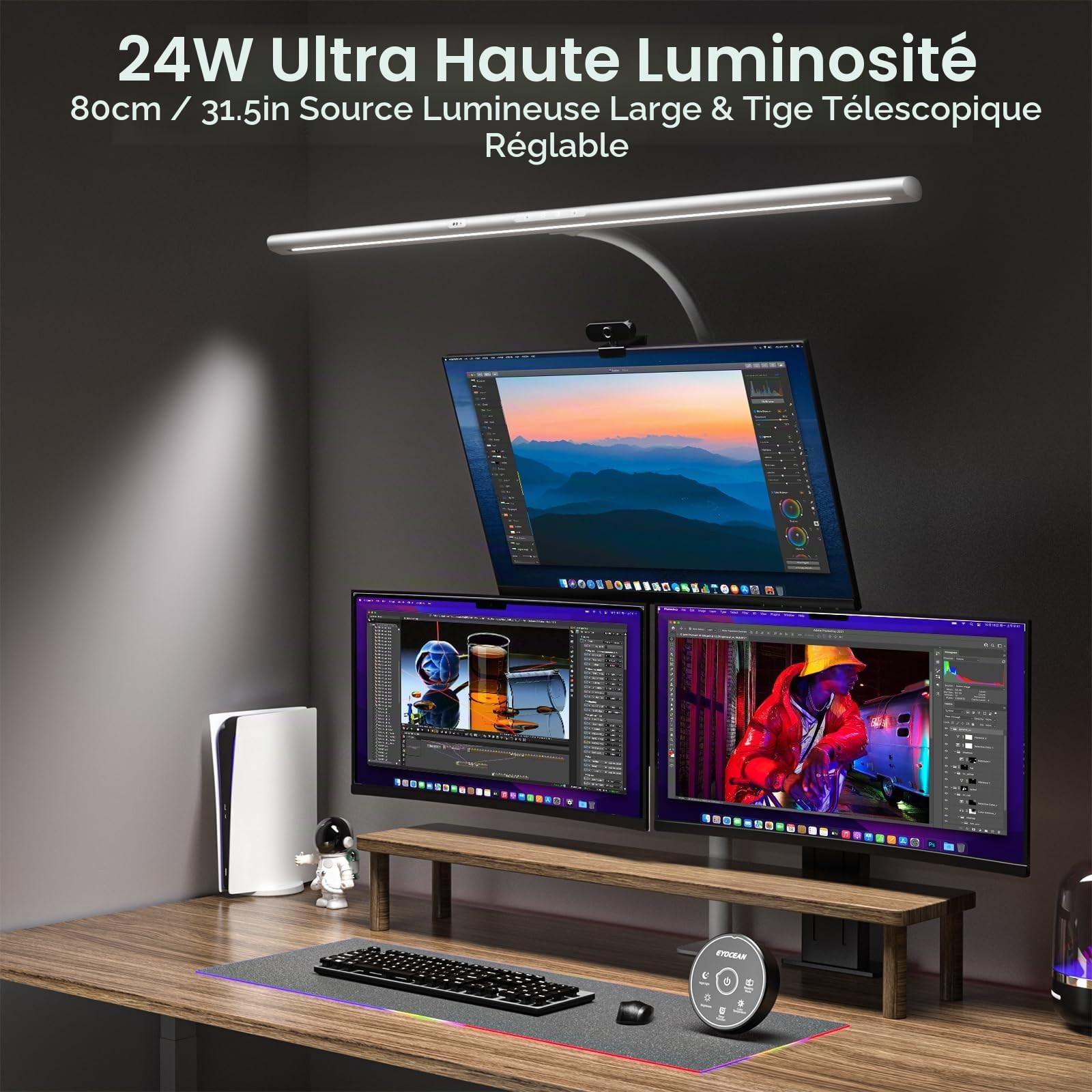 EYOCEAN Lampe de Bureau LED, 24W 80cm Lampe de Table avec Contrôle par Gestes & Télécommande, Perche télescopique à hauteur réglable, pour Employés de Bureau, Étudiants, Designers, Monteurs Vidéo