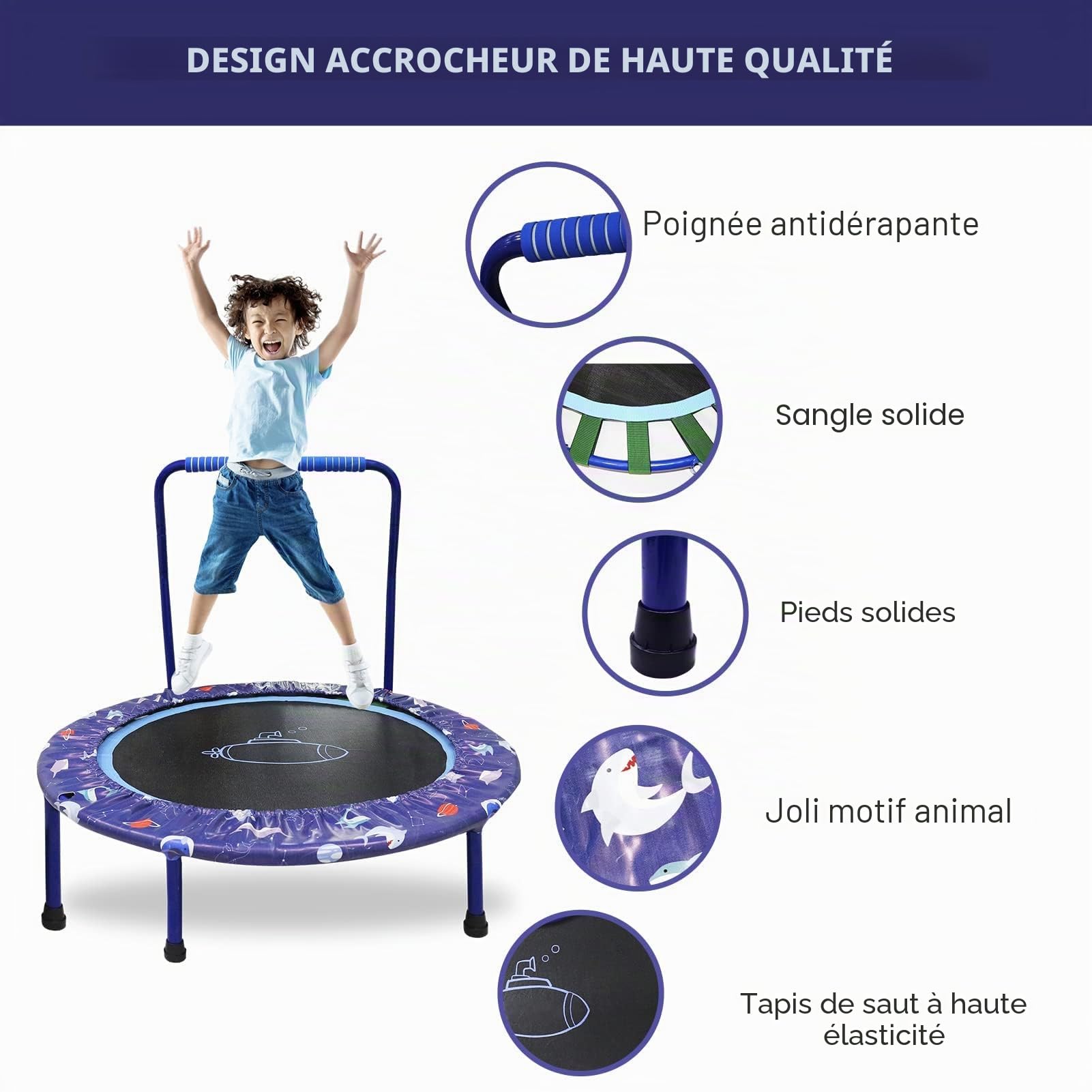 38'' Kids Trampoline Mini Foldable Fitness Noise-Free Trampoline with Adjustable Handrail and Safety Padded Cover Exercise Foldable Bungee Rebounder Indoor Outdoor Garden Use