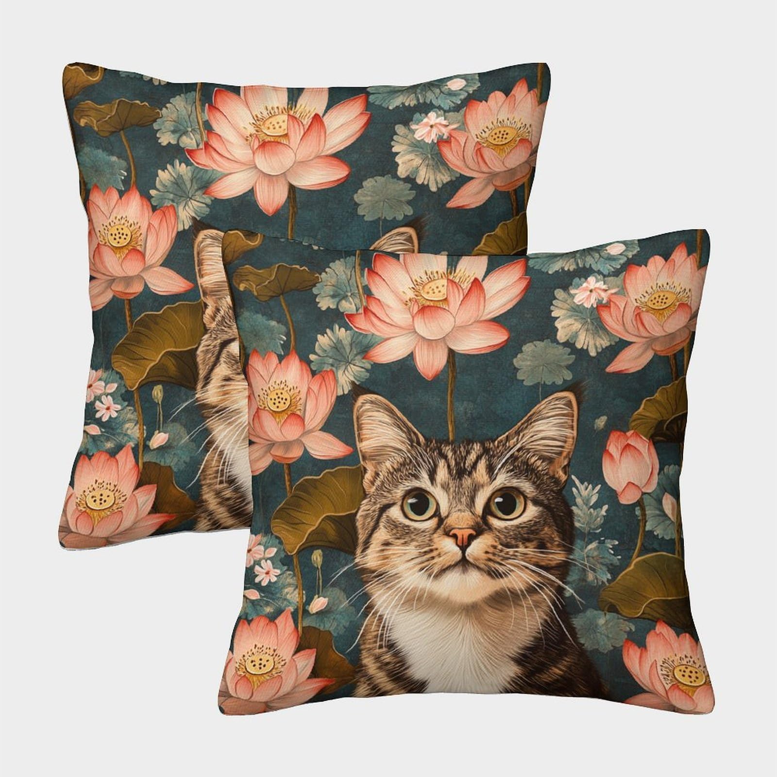 kaiyun 2 Pack Lotus,Cat,Spring Flower Repeat Pattern Pillow Case Home Decoration Sofa Cushion Cover 50x50cm