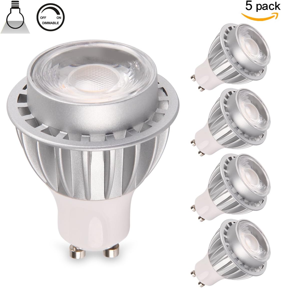GU10 LED Bulbs (5 Pack Daylight) - LED 7-Watt Dimmable GU10 MR16 38 High Power 60W Equivalent, GU10 LED Light Bulbs, 600lm, GU10 LED, 5 Pack