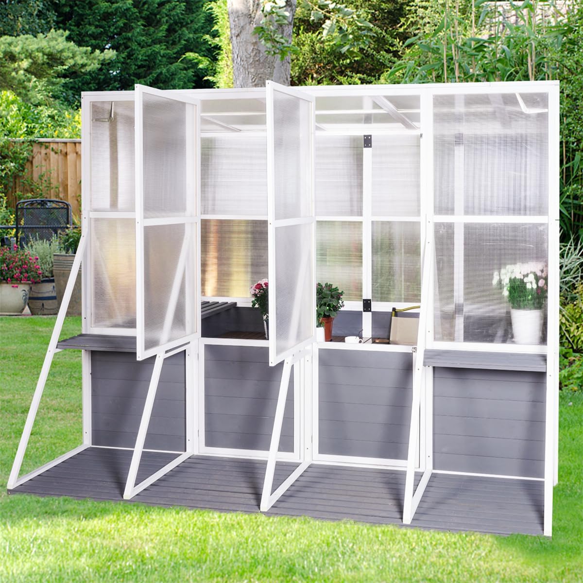 Wooden Polycarbonate Greenhouse8.7×8.2 FT, Walk-in Fun Greenhouse Storage Shed with Front Door, Sunlight Greenhouse for Outdoor Garden and Backyard Plants, White+Gray