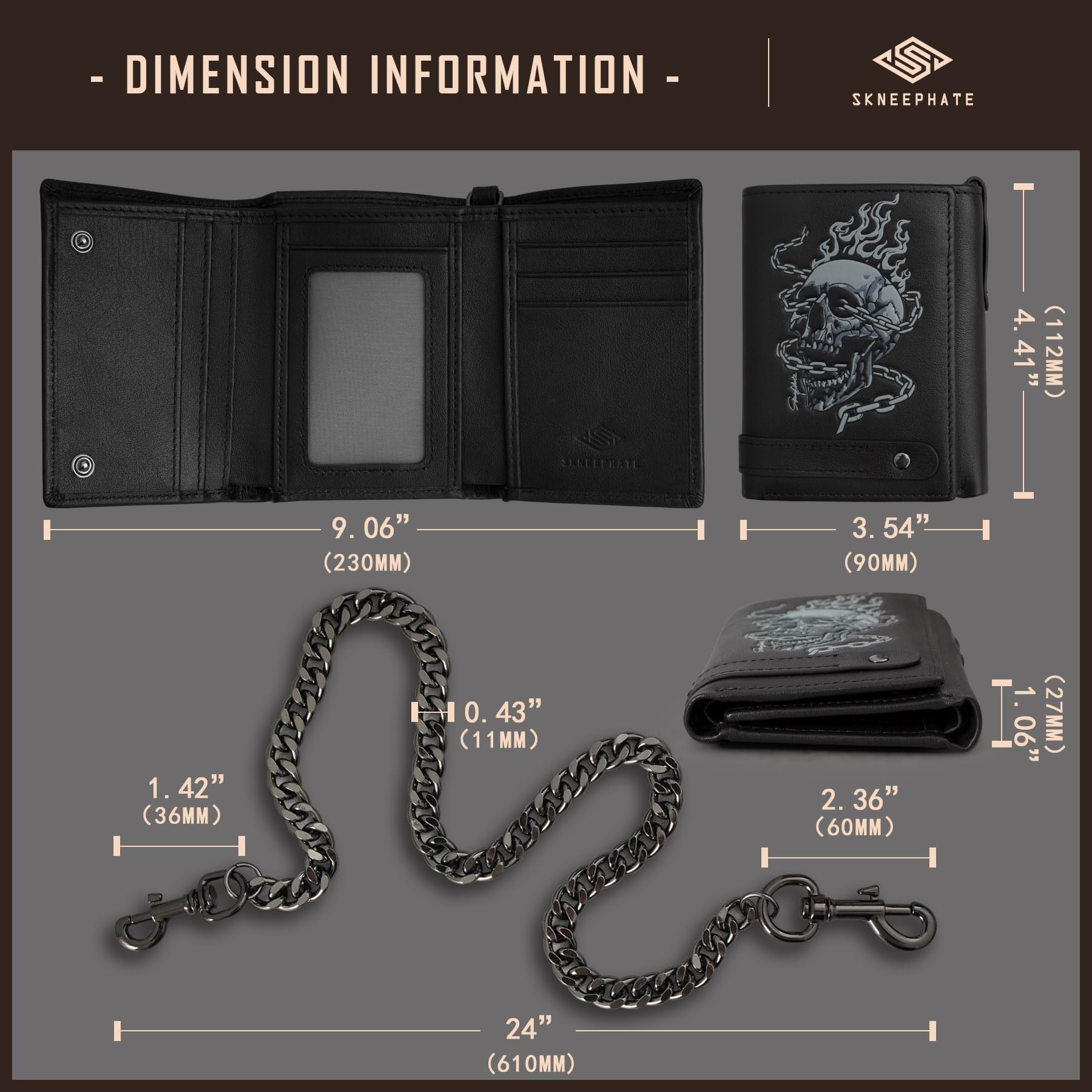Cartera para Hombre de Cuero con Cadena, Cartera de Motero con Calavera, Portamonedas Plegable Triple para Hombres con Protección RFID, Regalo para Él (Black)