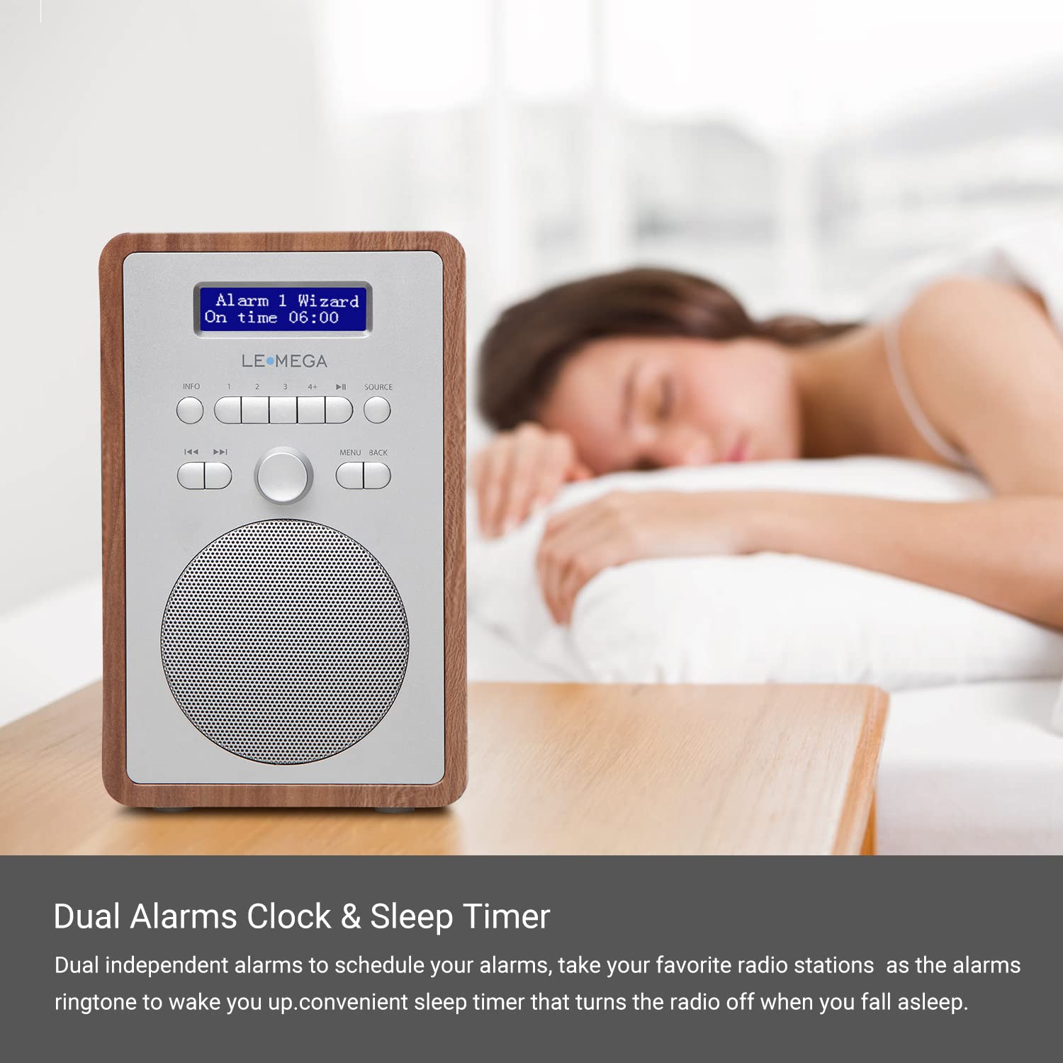 LEMEGA CR2+ DAB/DAB+ Digitalradio,UKW-Digitalradio,DAB-Radio Netzbetrieben,Doppelter Wecker,Küchen-Schlaf-Snooze-Timer,20 voreingestellte Sender,Kopfhörerausgang,Holzeffekt (Walnuss)