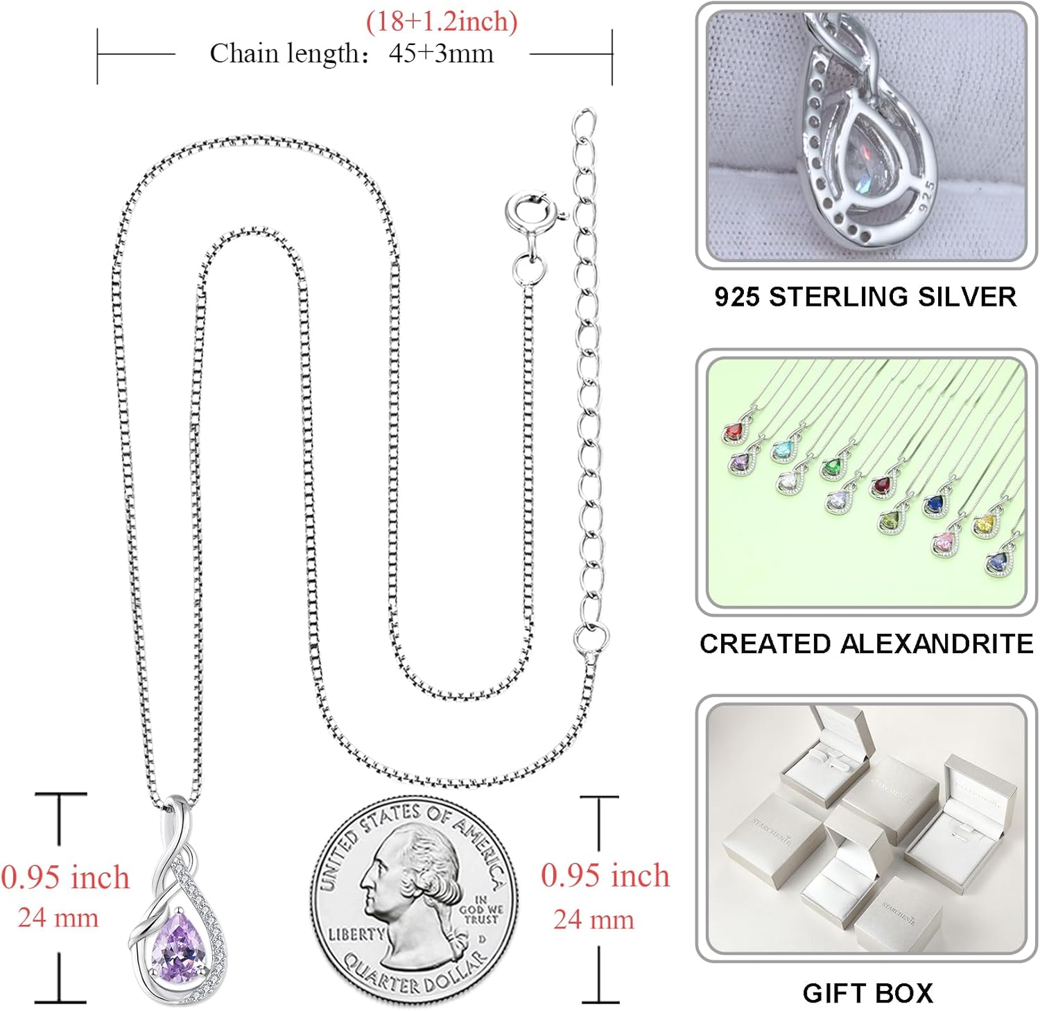 STARCHENIE 925 Sterling Silver Necklace Dangle Earrings for Women Infinity Twisted Teardrop Pendant June Birthstone Created Alexandrite Jewelry Set