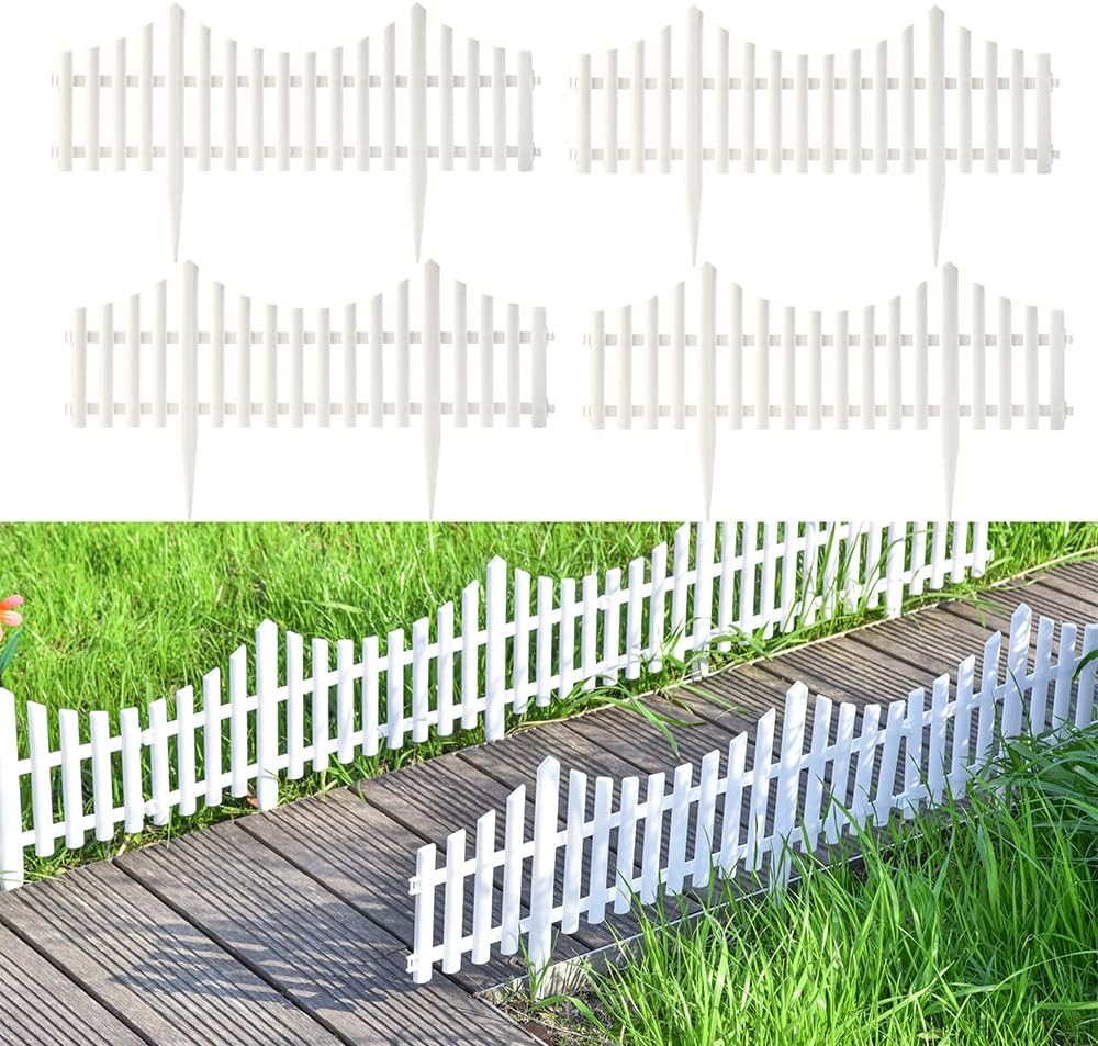 Sungmor Garden Picket Fence, Outdoor Landscape Edging Border, Decorative Fence Panels for Lawn Flowerbeds, 4pcs White Plastic Fence and 4pcs Cast Iron Picket Fence