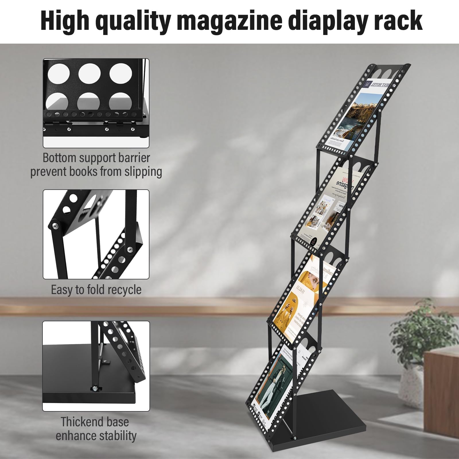 A4 Faltbarer Prospektständer, tragbarer Zeitschriftenhalter mit Tragetasche, 4 Taschen, Literaturhalter, Buchständer, Bodenständer für Büro, Messe, Ausstellungen (Schwarz)