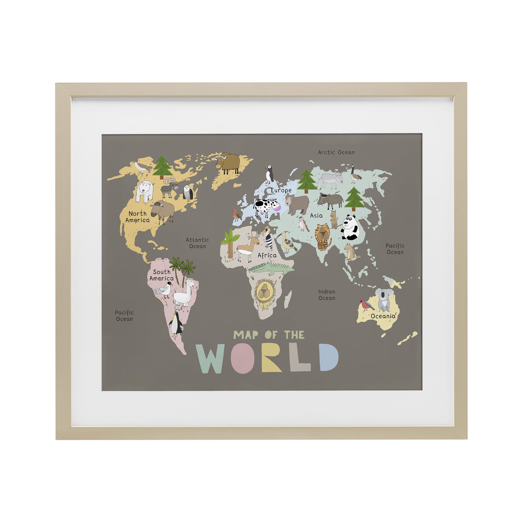 Carte du monde enfant Stupell Industries tableau cadre bois noble et vrai verre
