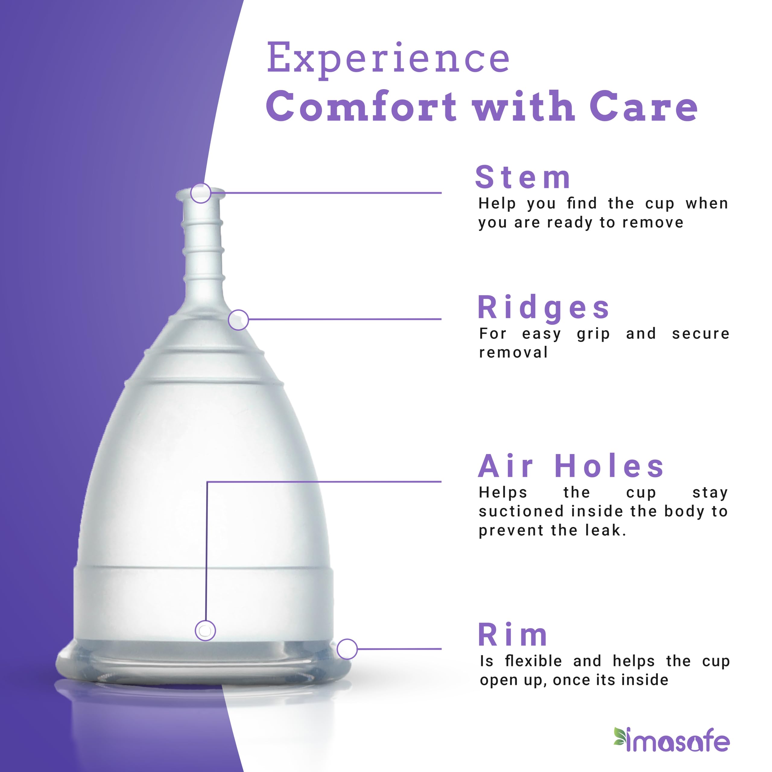 Imasafe Menstrual Cup Medium Size for Women (Purple) – Reusable Period Cup | US FDA Registered | 100% Medical Grade Silicone | Ultra Soft & Flexible | Odour, Rash & Itch Free | Leak-Proof Menstrual Cups | 8–10 Hours Protection | Period Cups for Womens 3