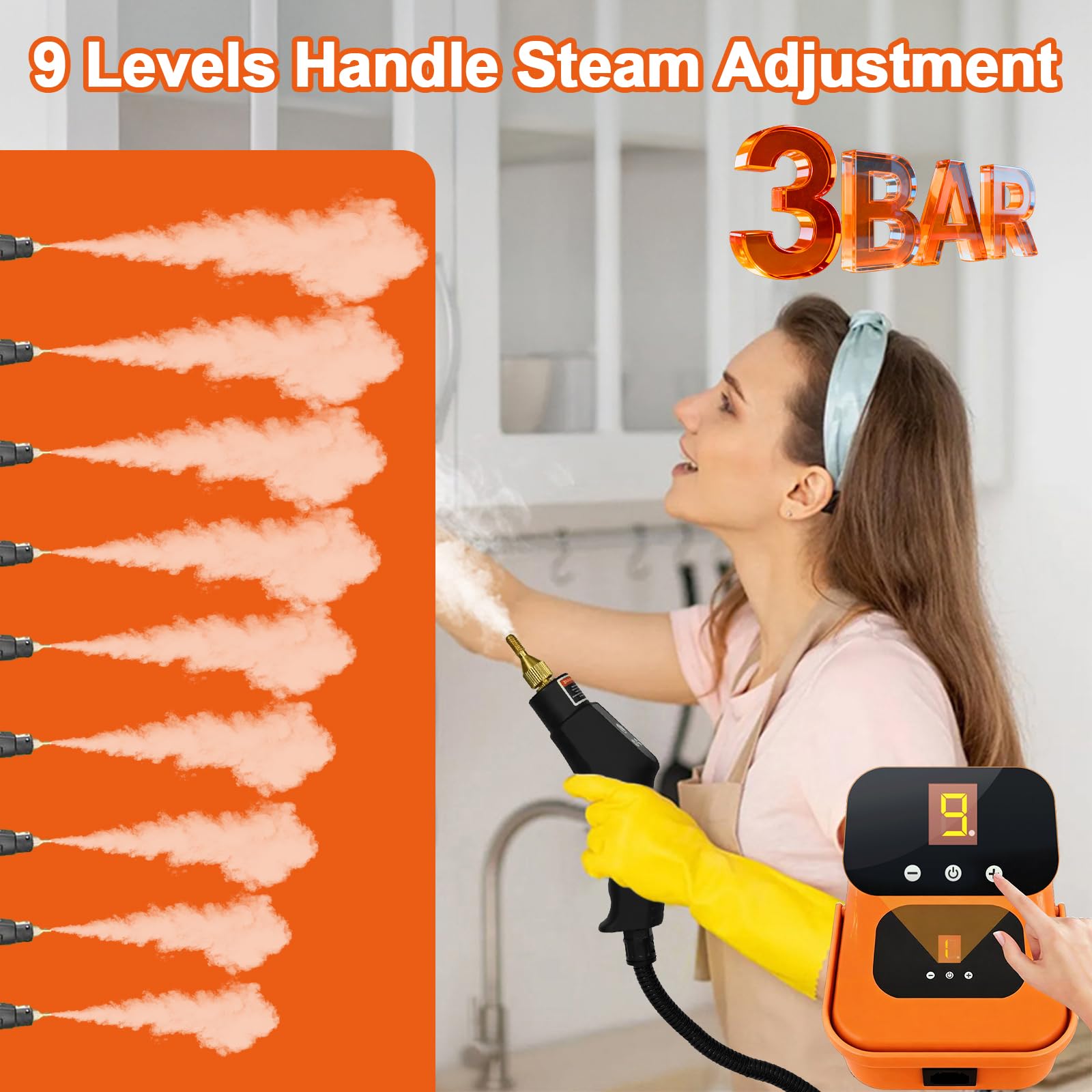 Limpiador de Vapor con Accesorios, 9 Velocidades 2500W Vaporeta Limpieza de Mano, Portátil Multiusos Vaporeta Limpieza Hogar Potente para Muebles de Cocina, Baño, Automóvil, Piso, Sofá (naranja)