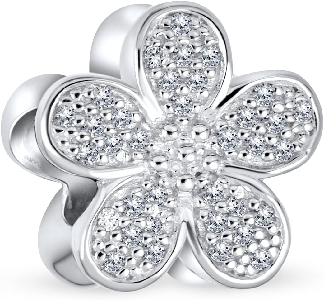Bling Jewelry Sparkling Clear CZ Pave OF Flower Shape Daisy Charm Bead For Women Teens .925 Sterling Silver For European Bracelet