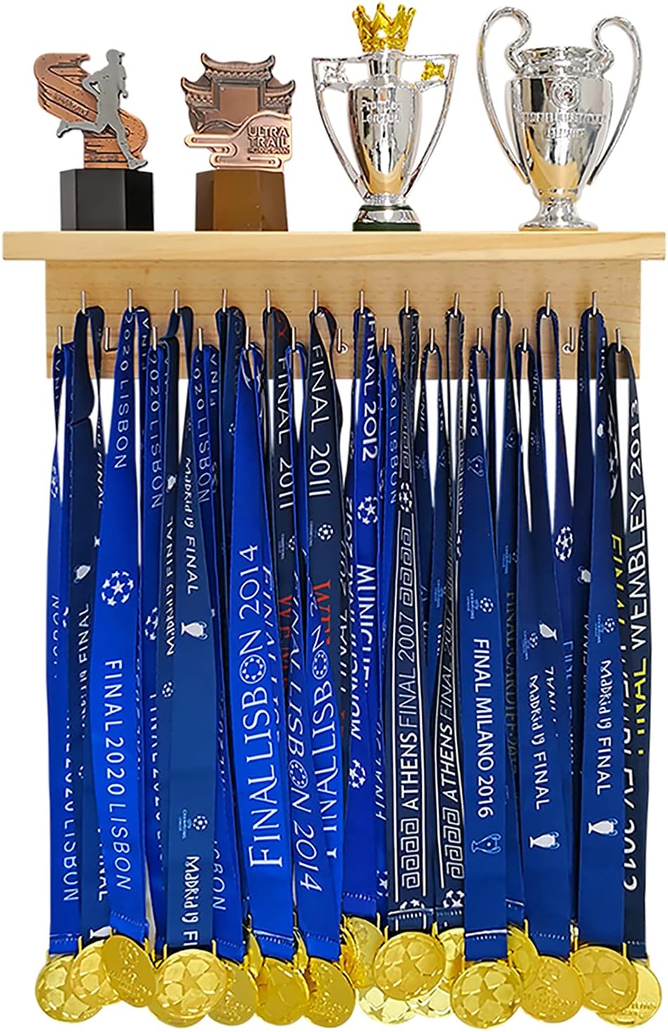 Medal Hanger Trophy Shelf Display Sport Awards. Sturdy Medal Holders for Gymnastics Basketball Soccer Honors Wall Mount Rack, Perfect All-in-1 Wood Shelf by 25 Pcs Steel Hooks.