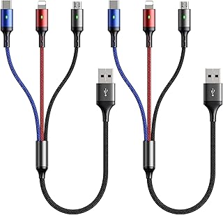 Short Multi Charger Cable [2Pack 35CM] 3 in 1 Charging Cable Multiple USB Cable Nylon Braided Charger for IP/Type C/Micro USB for All Cell Phones/IP/LG/Huawei/HTC/Sony/Tablets (Black, 2Pack-35cm)