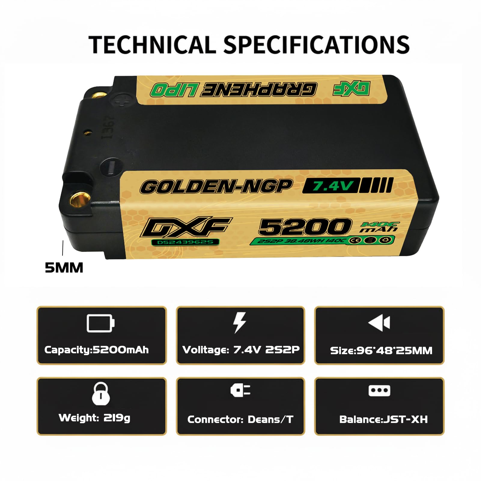 Batteria LiPo DXF 2S 7,4 V 120 C 5200 mAh Custodia rigida corta con connettore a sfera da 5,0 mm a T Deans per auto RC, camion RC, aeroplano, elicottero, barca, buggy, ala (2 confezioni)