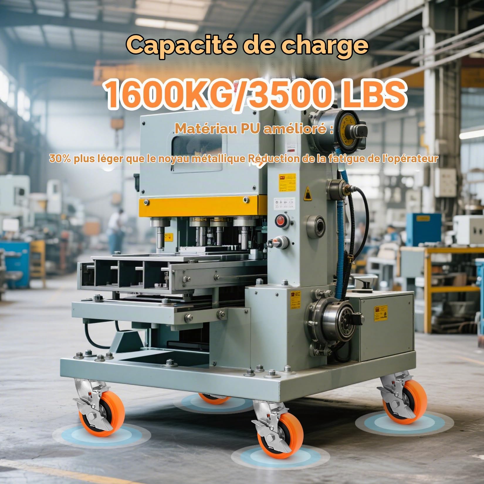 125mm Roulette Charge Lourde Avec Frein, en Polyuréthane Industrielles Roue Capacité 1600 Kg Avec Double Roulement à Billes, Silencieux et RéSistant à l'Usure Équipement, Machines, lot de 4