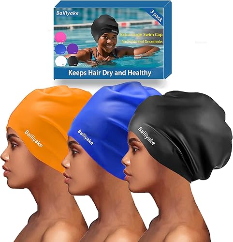 Miniatura 10 de Paquete de 3 gorros de natación extra grandes para trenzas y rastas, gorro de natación de silicona impermeable para mujeres con cabello largo