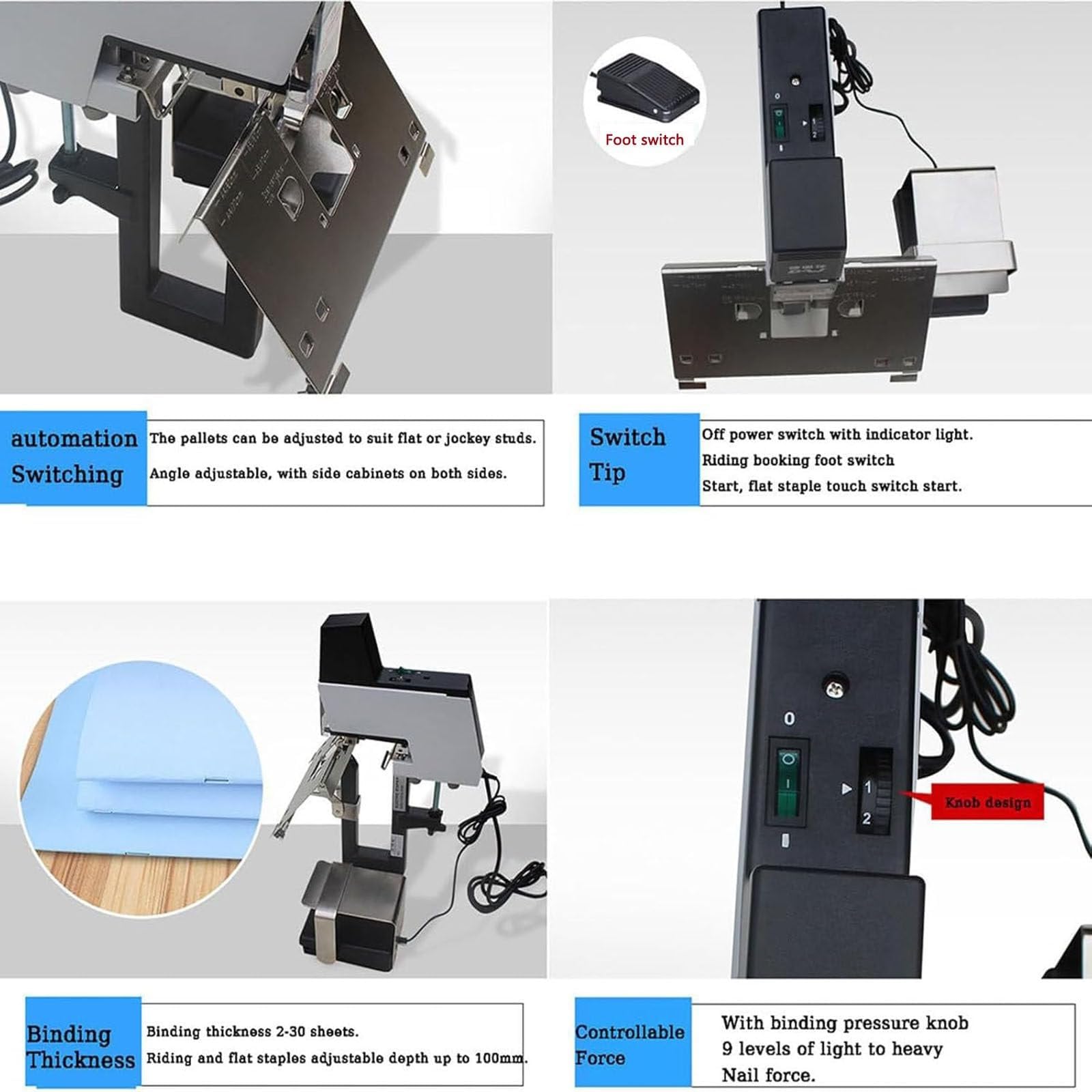 Agrafeuse électrique avec pédale, machine à relier automatique rapide et robuste à double usage – reliure plate et à selle, profondeur jusqu'à 100 mm, pour la maison et le bureau