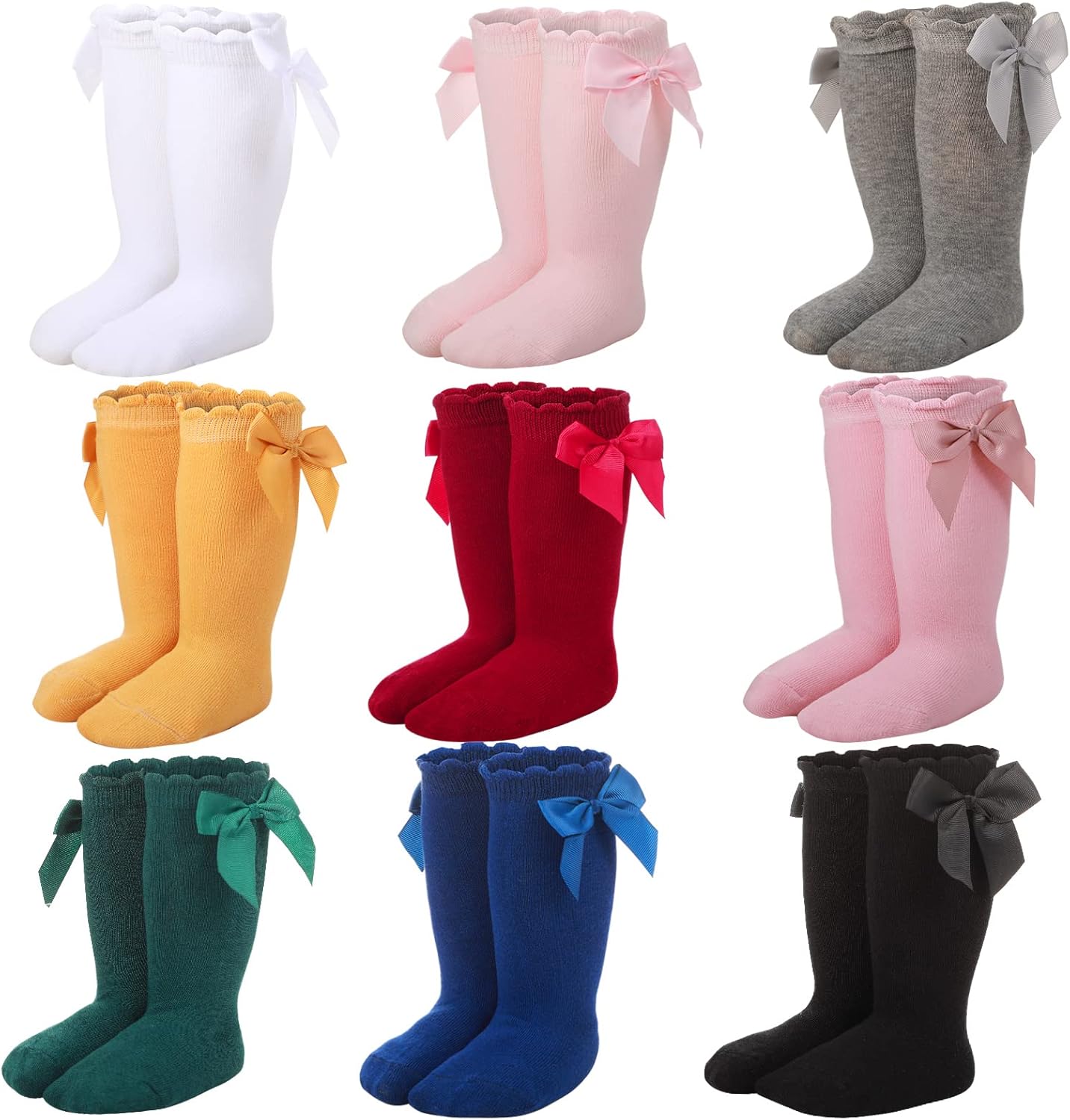 9 Pairs Baby Knee High Socks with Bow Knit Toddler Girl Dress Socks Cotton Tube Long Socks for Baby Newborn Infant, 9 Colors