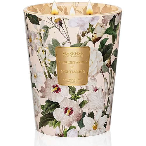M&SENSE Amber Jasmine Scented Candle 35oz 150H Long Lasting, 3 Wick Soy Candles Aromatherapy Stress Relief Home Fragrance Housewarming Gifts
