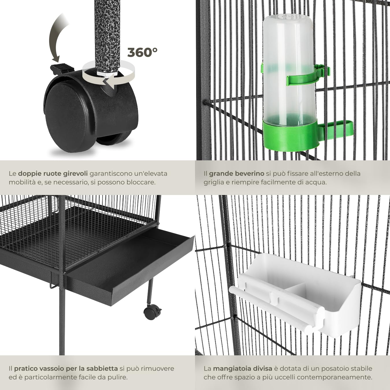 tectake® Gabbia per Uccelli, Spaziosa Voliera con Tetto Spiovente, Due Cancelletti, 4 Ballatoi, Piedi a Rotelle Bloccabili, 168 x 85 x 60 cm, Antracite, Tetto a Punta - 85 x 60 x 168 cm