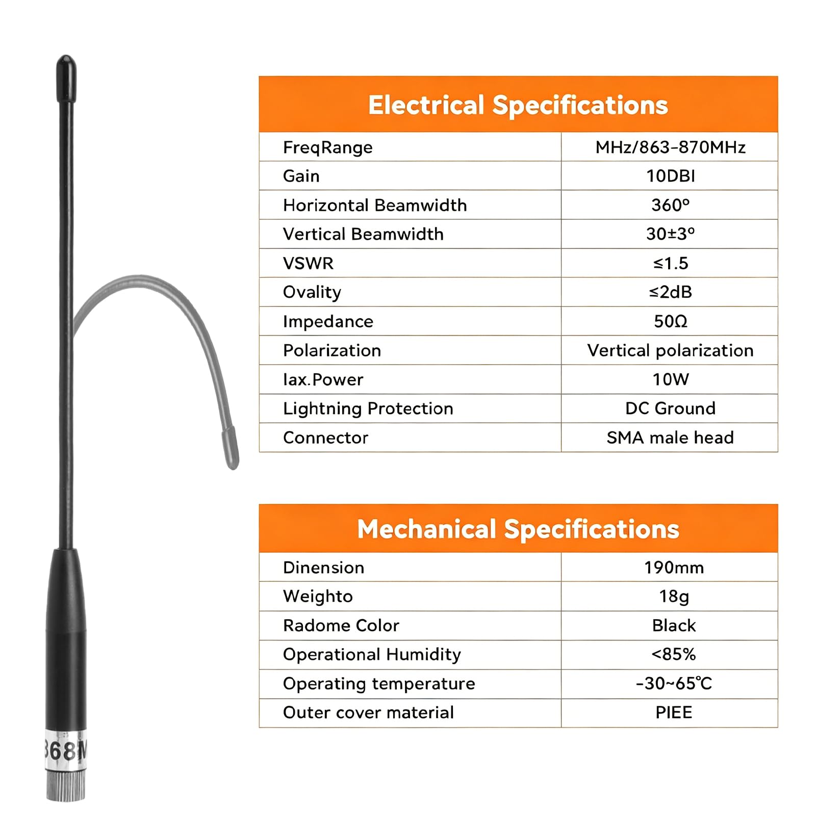 HENGBIRD Antena 868 MHz 8 dbi Meshtastic Lora, długodystansowa antena flex 19 cm, wtyczka SMA, wielokierunkowa, z kablem przedłużającym (1 szt., czarna)