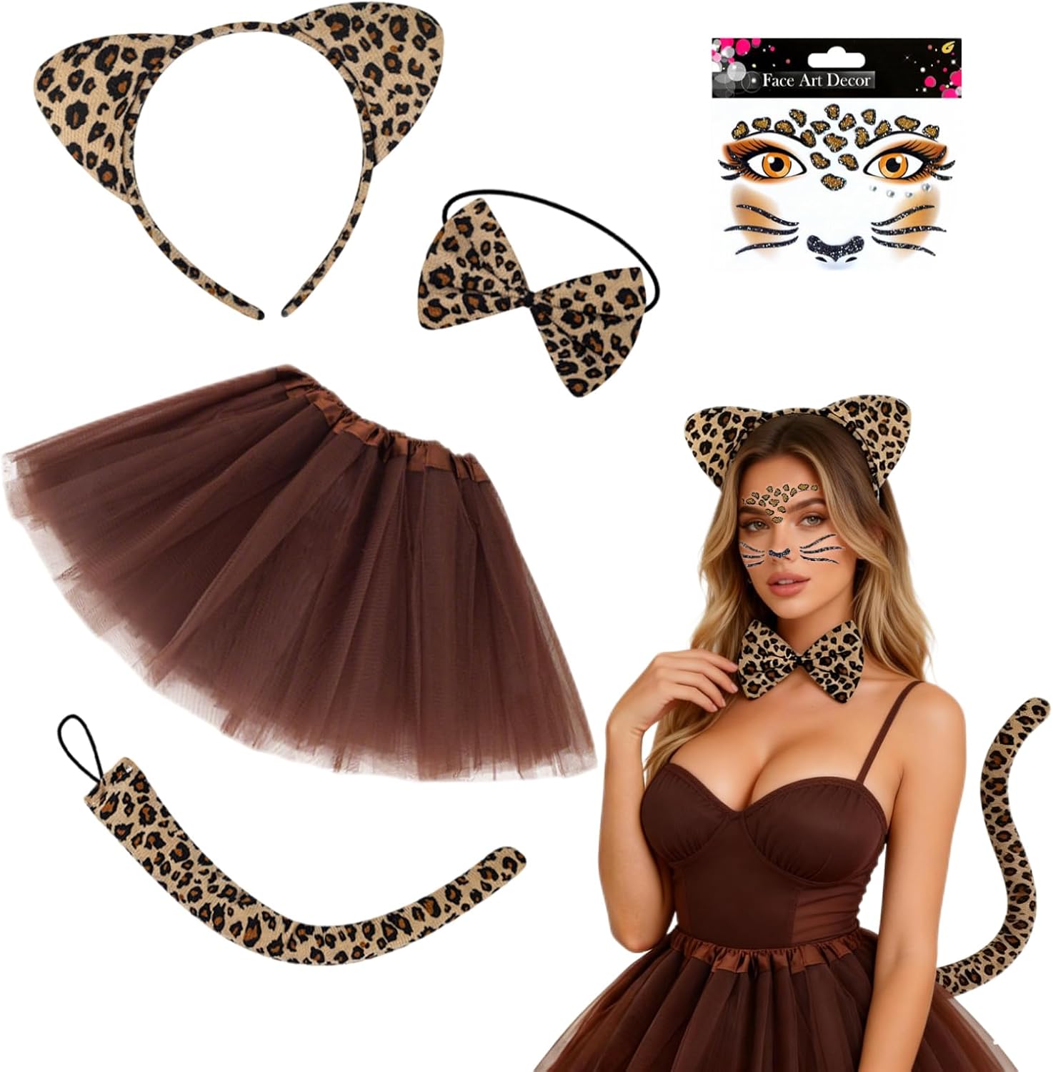101 Days of School Cheetah Costume Accessories Set, 5Pcs Leopard Cat Ears Headband Tails Bow Tie Tutu Face Stickers Animal Costume for Men Women Drama Party Dress Up Cosplay