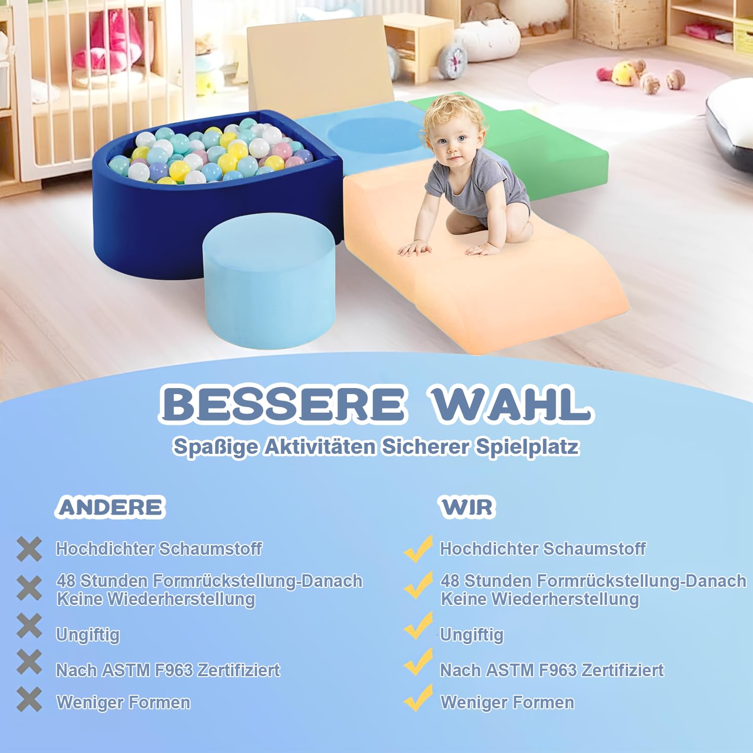 Mattoncini da costruzione in schiuma per bambini da 1 a 3 anni, set softplay da 6 pezzi con blocchi da arrampicata, gioco per arrampicata e gattonare, regalo di compleanno (palline non incluse nella