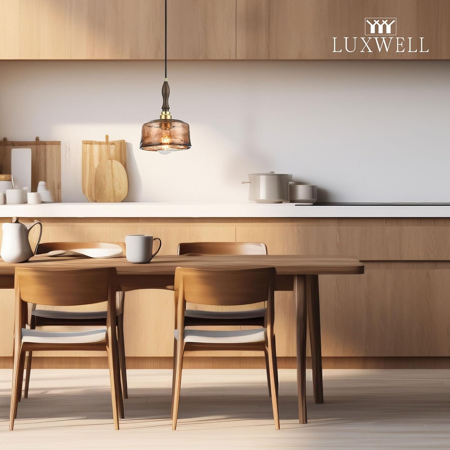 Modern Amber Glass Pendant Light, 6.7"x9.2" Round Hanging Fixture with Golden Wood Accent & Brass Cap, 15"-72" Adjustable Line, E26 Socket – Golden Amber Circle