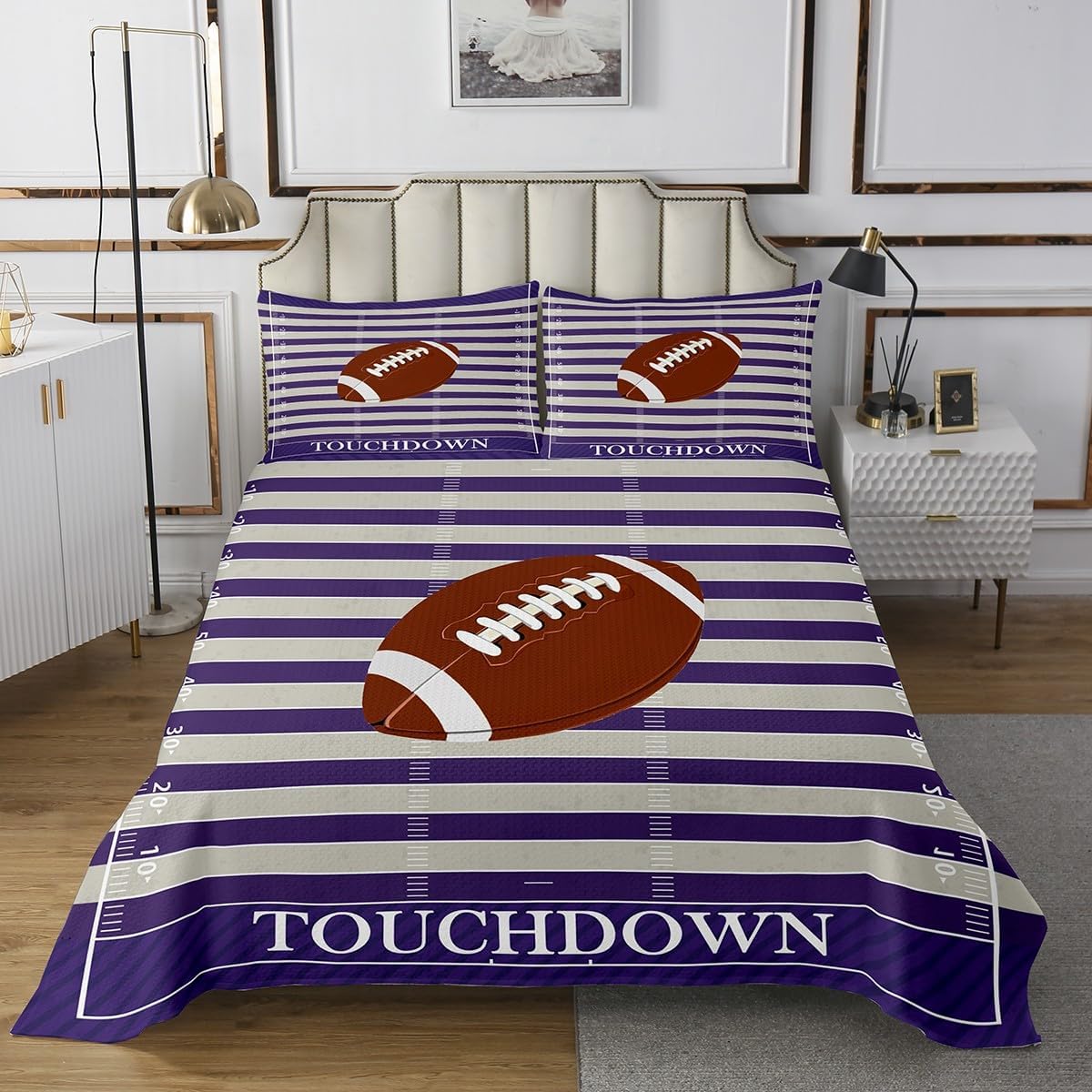 Erosebridal Boys Football Bedspread Set Queen,Purple Beige Football Court Bedding Set for Men Kids Teens,Touch Down Coverlet Set,Sports Games Rugby Bed Set Soccer Decor 3 Pcs with 2 Pillow Cases