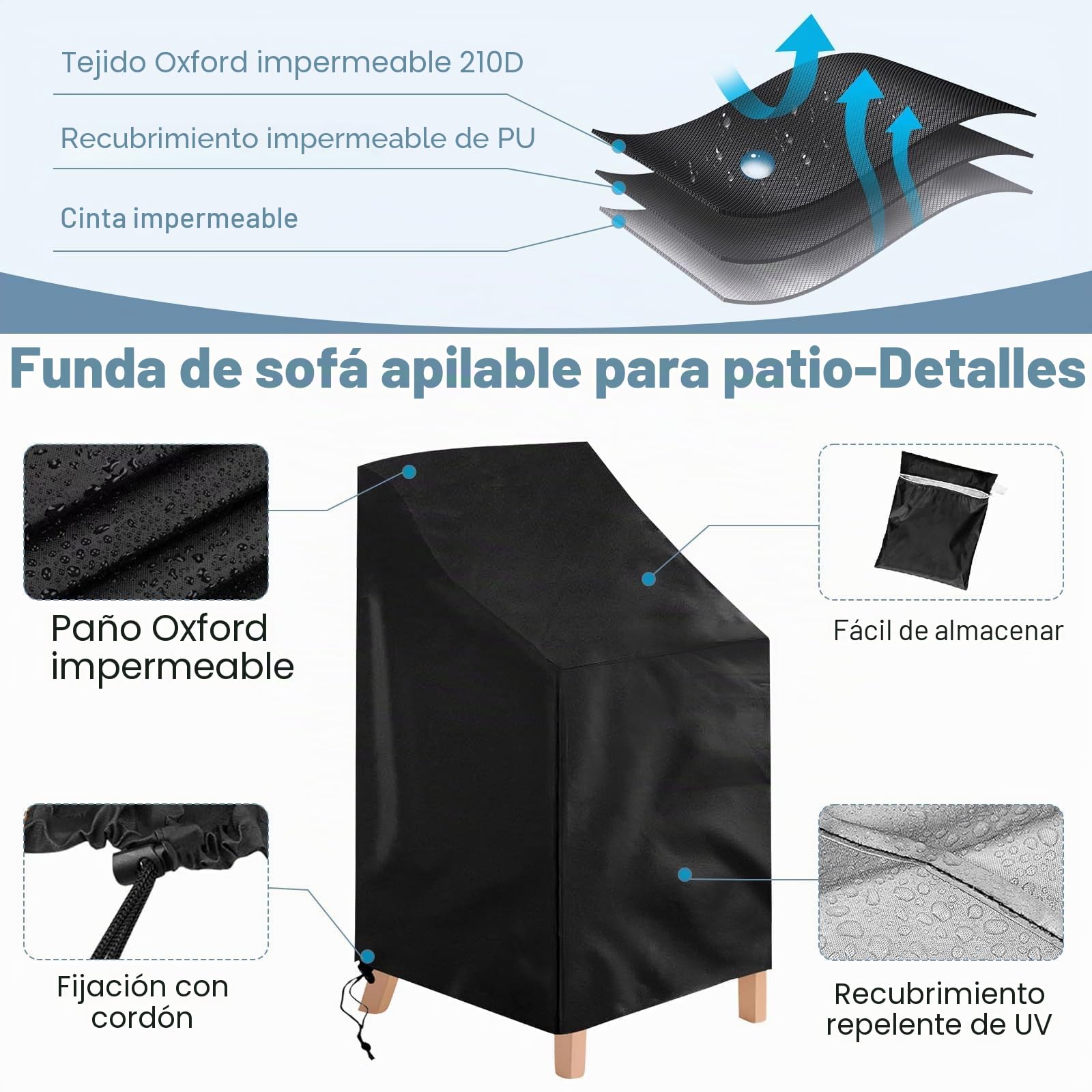 2 Piezas Funda Sillas Jardin, 210D Oxford Impermeable Funda Protectora Funda para Sillas Apilables de Jardín, Anti Viento, Anti UV para Sillas Apilables 64x64x70/120cm