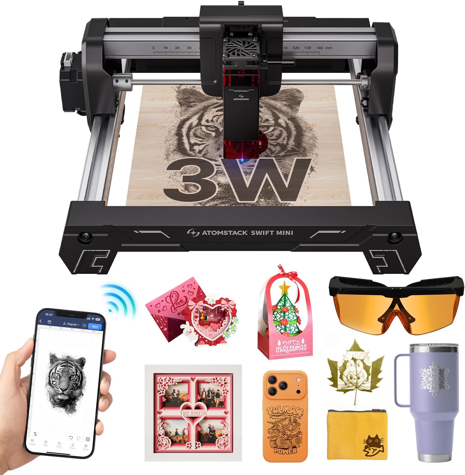 Swift Mini 3W Laser Engraver with AI Software, 100% Pre-Assembled Portable Laser Cutter, 135x145mm Work Area, WiFi/Hotspot/USB Connection for Wood, Leather, Metal, Jewelry, Small Business