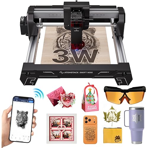 ATOMSTACK Swift Laser Engraver 3W for Beginners Swift Laser Cutter Machine Desktop Fully Pre-Assembled 135×145mm Area, 0.04mm High Precision DIY Wood, Leather, Crafts, Acrylic, Gifts, 3000mW