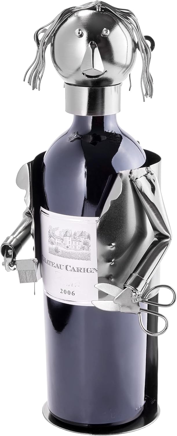 BRUBAKER Wine Bottle Holder Hair Stylist - Metal Sculpture Bottle Stand - 7.9 inches - Wine Gift for Hairdressers and Barbers - with Greeting Card