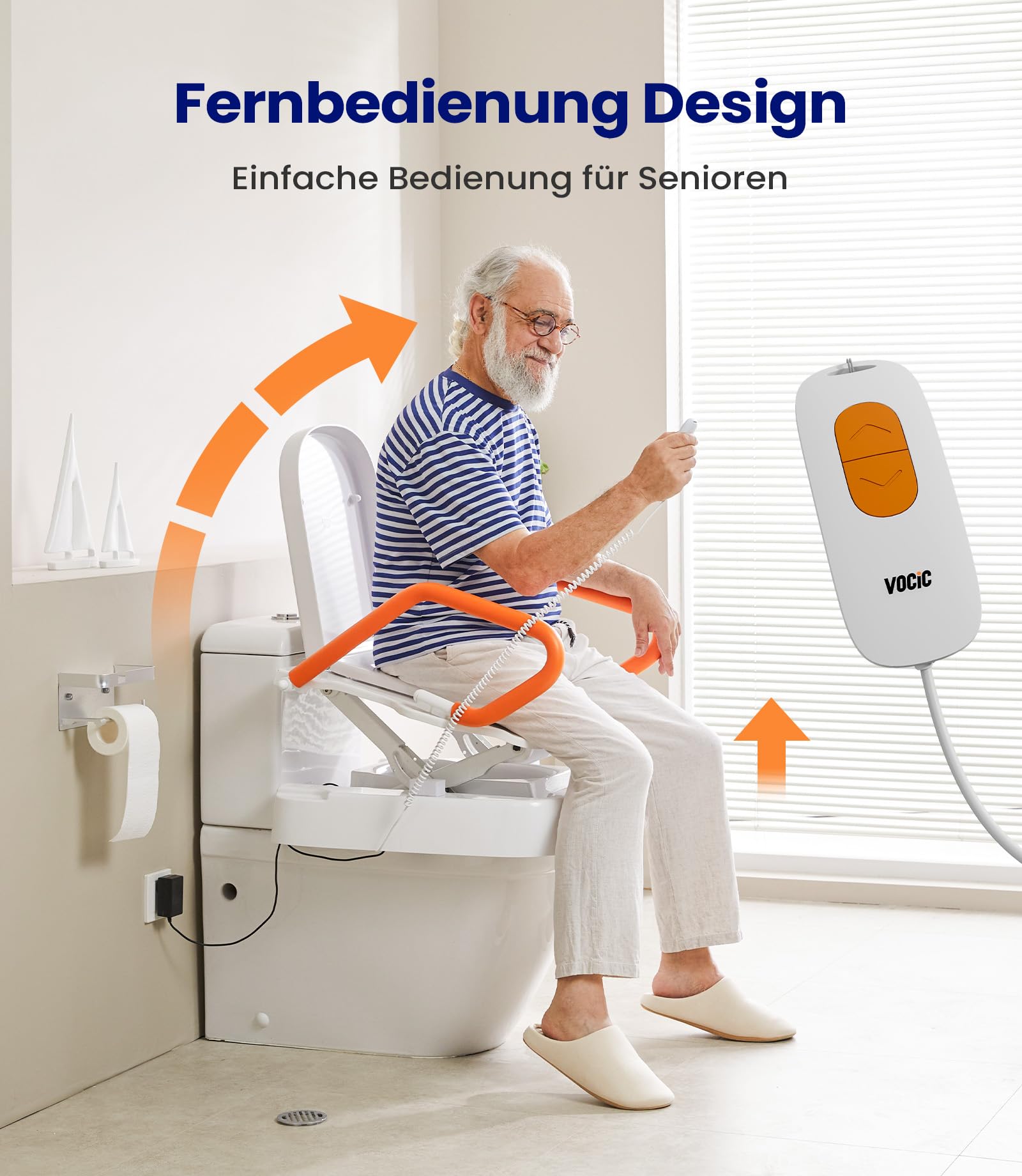 VOCIC Toilettensitzerhöhung elektrisch AX12, WC Sitzerhöhung, Toilettenerhöhung, Aufstehhilfe Toilette, bis 150 kg, mit Armlehnen, ergonomische Hebebewegung, für Senioren & Erwachsene