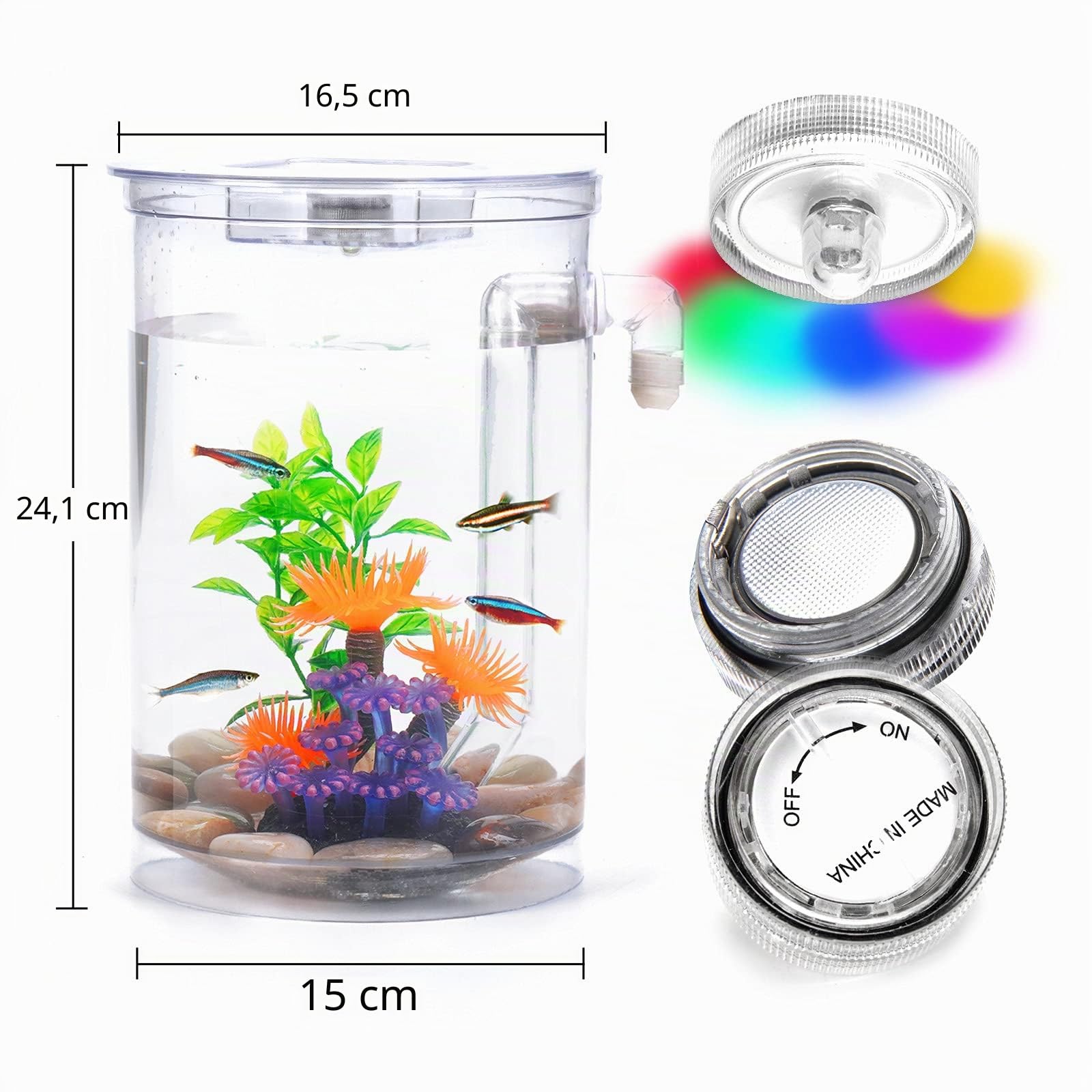 Kampffisch Aquarium Klein Komplettset, 3.5 L Aquarium Set Komplett mit LED-Beleuchtung, Kieselsteinen, künstlichen Korallen und Wasserpflanzen sowie automatischer Reinigungs- und Abwassersystem