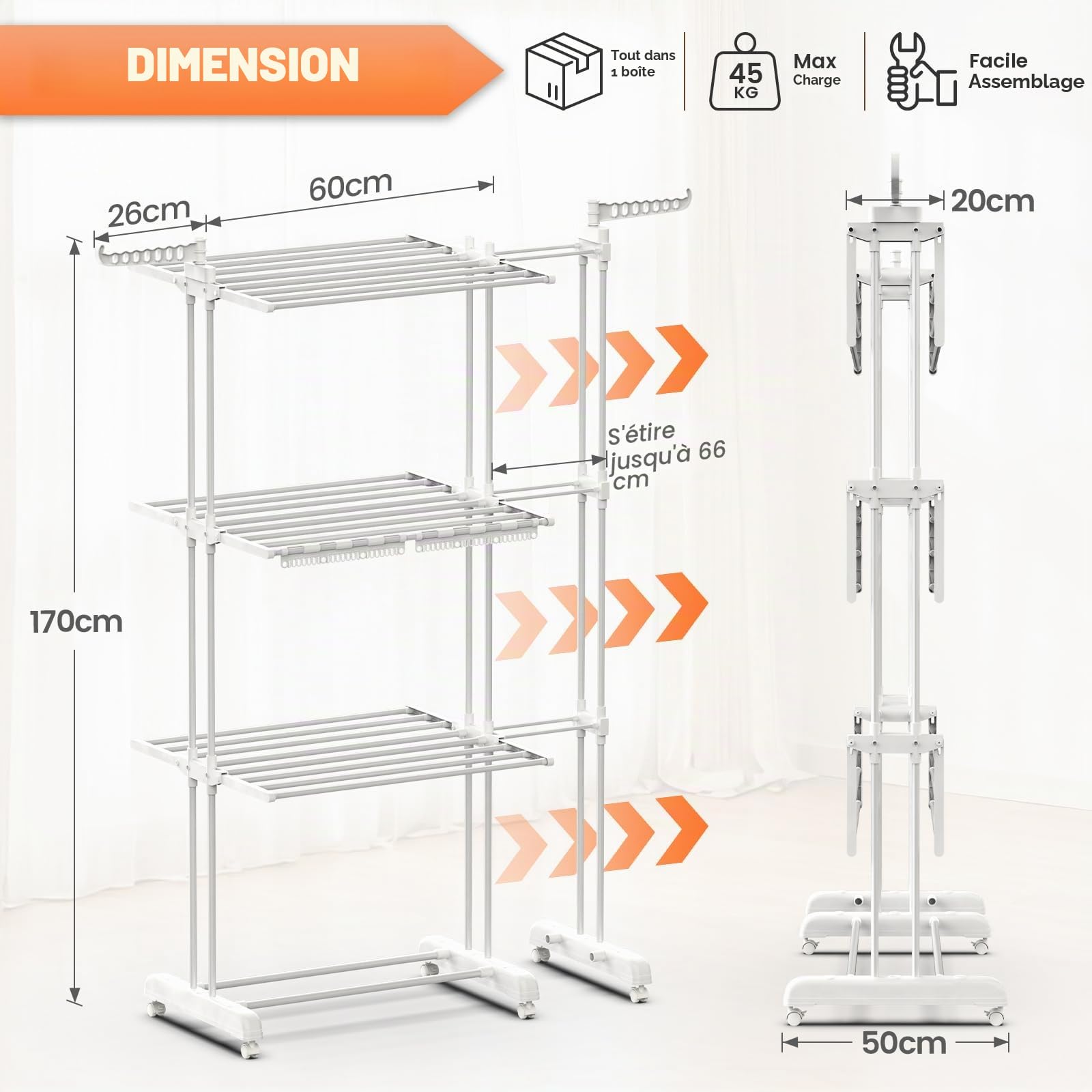 Huracan Turm Séchoir à linge sur pied à 3 niveaux avec porte-chaussettes, étendoir à linge pliable avec roulettes pour l'intérieur et l'extérieur, tour de linge télescopique, porte-linge blanc