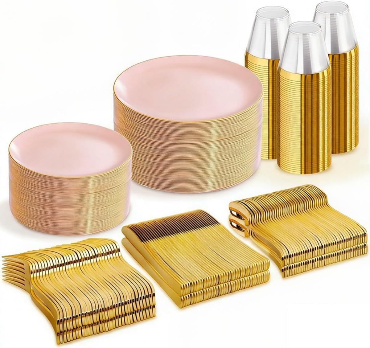 WDF 300Pcs Pink Plates Disposable - Pink and Gold Plastic Dinnerware Set for 50 Guests Include 50 Dinner & Cake Plates, 50 Disposable Cutlery, 50 9oz Cups for Wedding, Party, Valentine's Day
