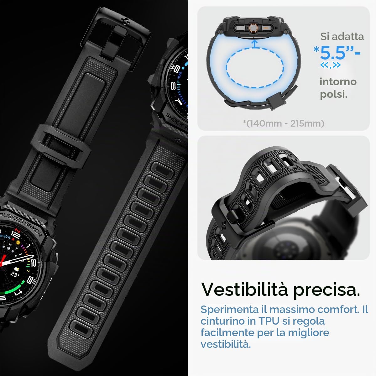 Spigen Cover Rugged Armor Pro con cinturino per Galaxy Watch Ultra 47mm | Custodia unibody in TPU con cinturino, dettagli in fibra di carbonio, bordi rialzati, Modelli 2025/24 - Nero opaco