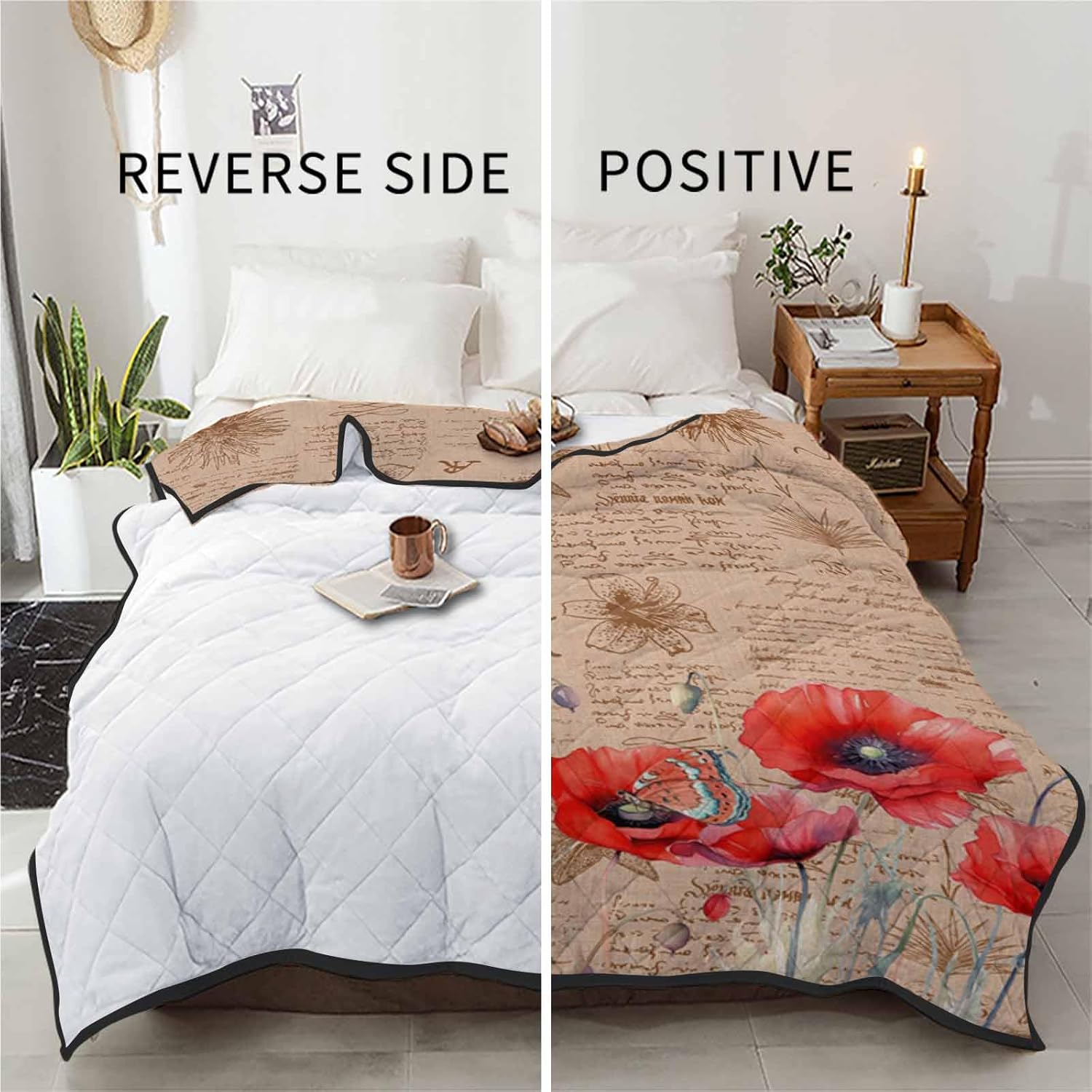 T&H XHome Quilt King Size Luxury Quilted Comforter Bedspread-Thin Soft Cozy, Poppy Red Vintage Poppy Flower Butterfly Reversible Stitched Lightweight Quilt Coverlet for All Season