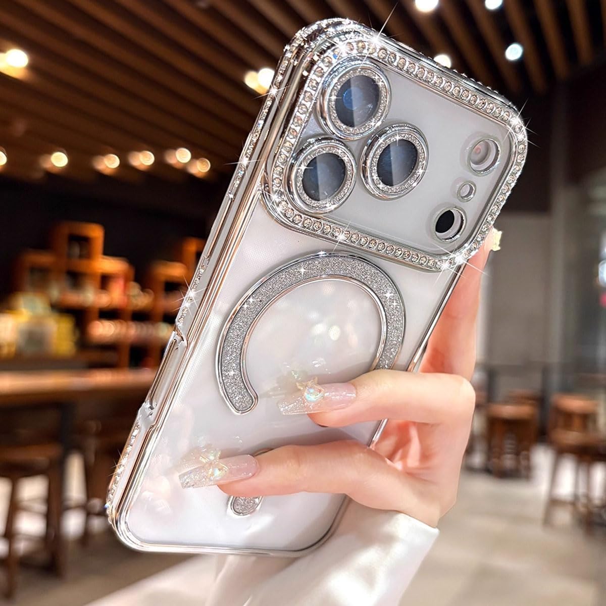 for iPhone 17 Pro Case Magnetic, [Compatible with MagSafe] Women Cute Clear Glitter Bling Diamond Rhinestone Sparkly Case Camera Lens Protectors Plating Cover, Silver - Image 6