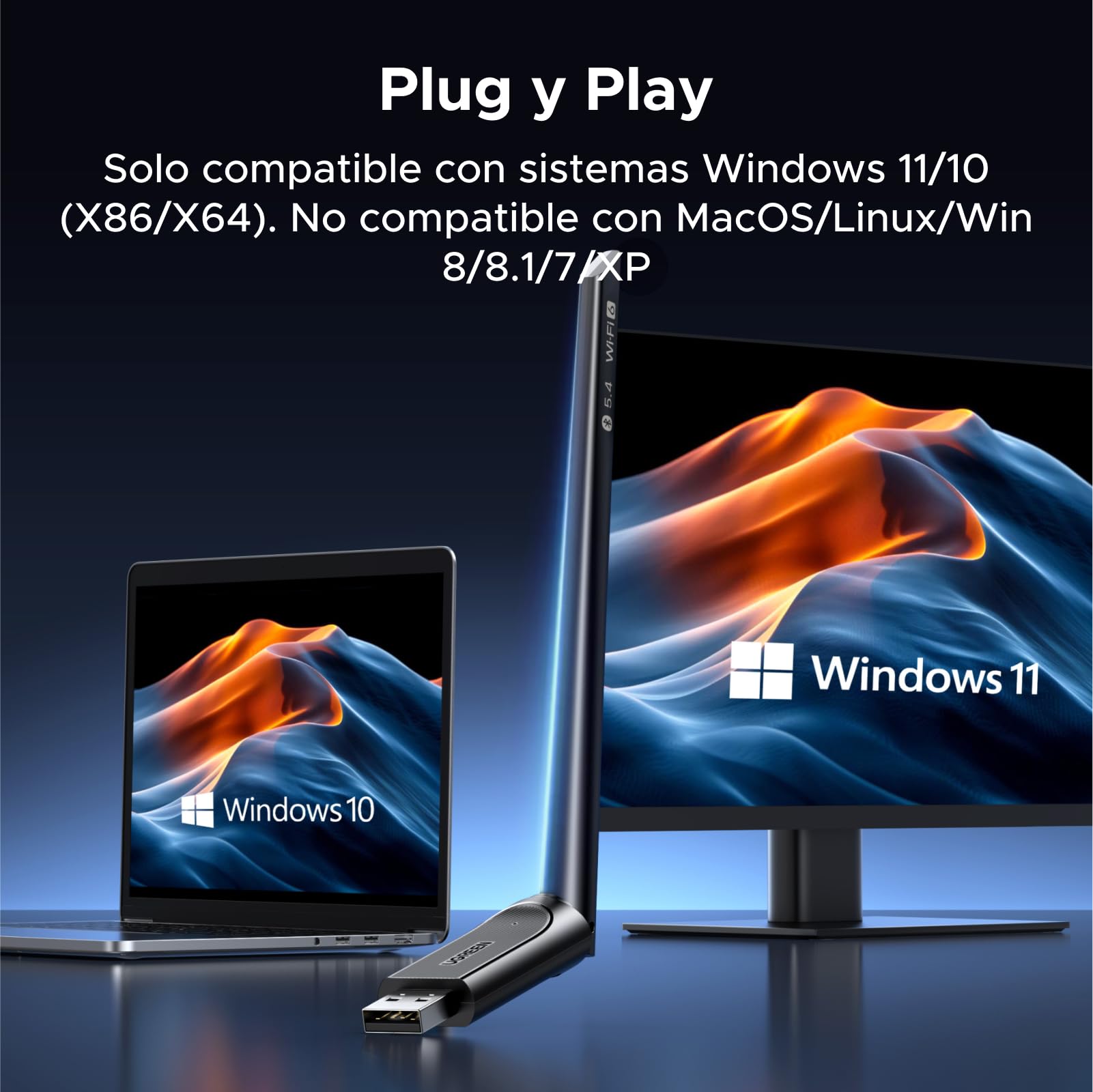 UGREEN 2 en 1 WLAN Stick AX900 Bluetooth 5.4 WiFi 6 USB WLAN Stick Dual Band 2.4G 5GHz Ccontrolador Incorporado Antena 6dBi MU-MIMO WPA2 Adaptador WiFi PC Compatible con Windows 11 10
