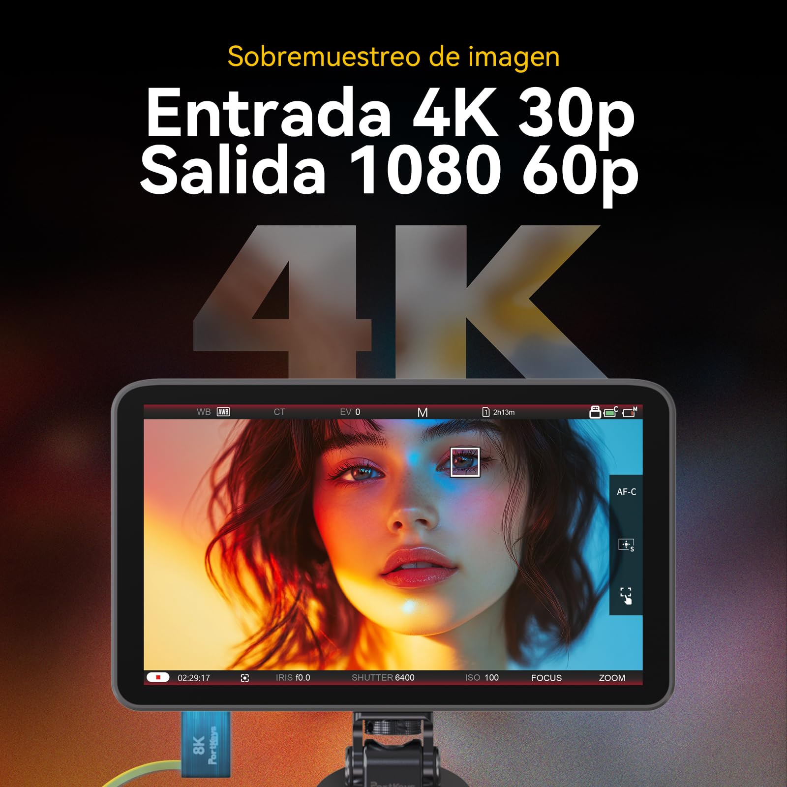 Portkeys LH7C Monitor Cámara 7" con Control de Cámara, Monitor de Campo HDMI 4K Touch Focus 1000 Nits Salida 3D LUT Incluye Cable HDMI, Compatible con A7S III, FX3, A7 IV, A1