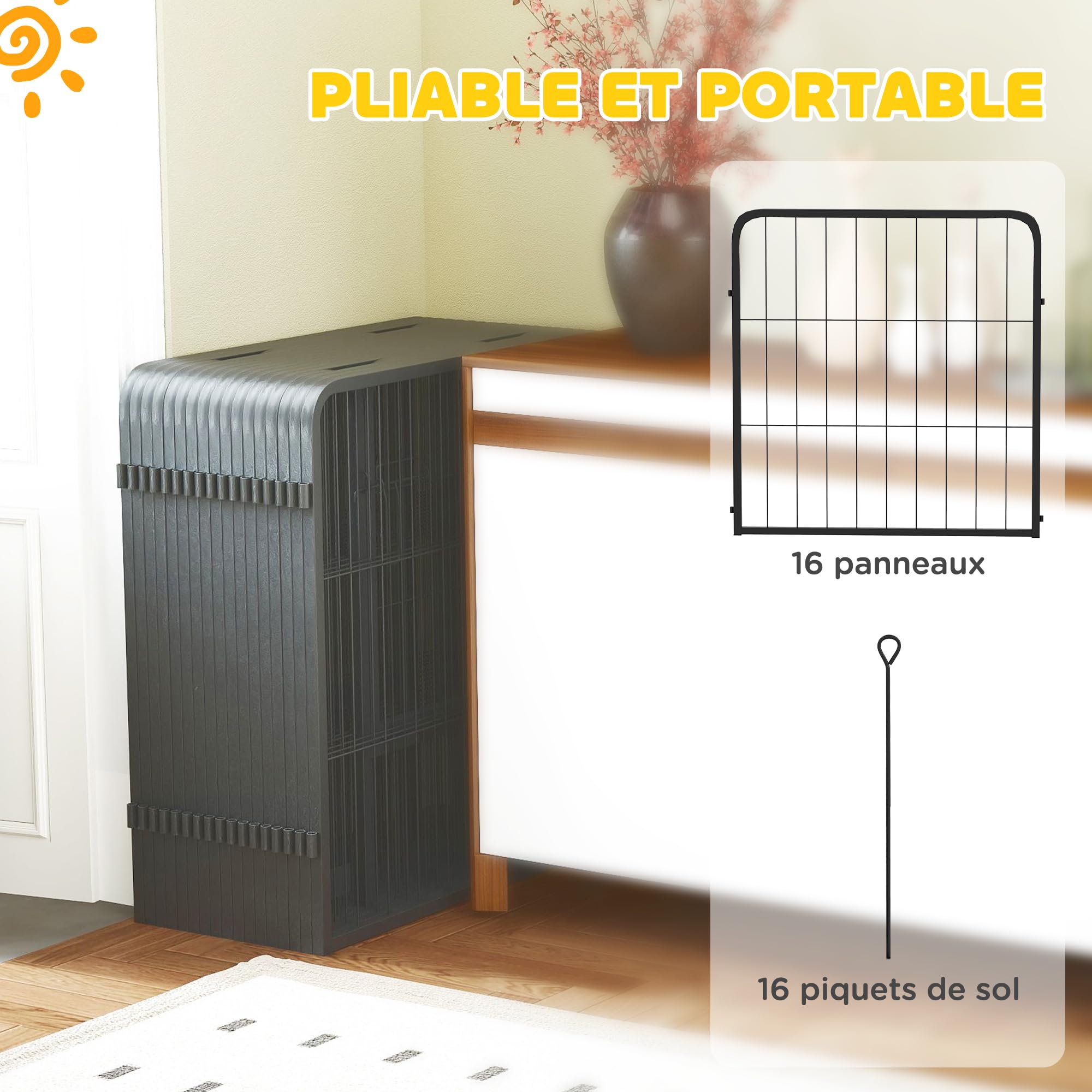 PawHut Parc pour Chien, enclos Chien 16 Panneaux modulable et Pliable, enclos Portable en Acier 60H cm avec 2 Portes, clôture pour Petits Chiens, intérieur et extérieur, Noir