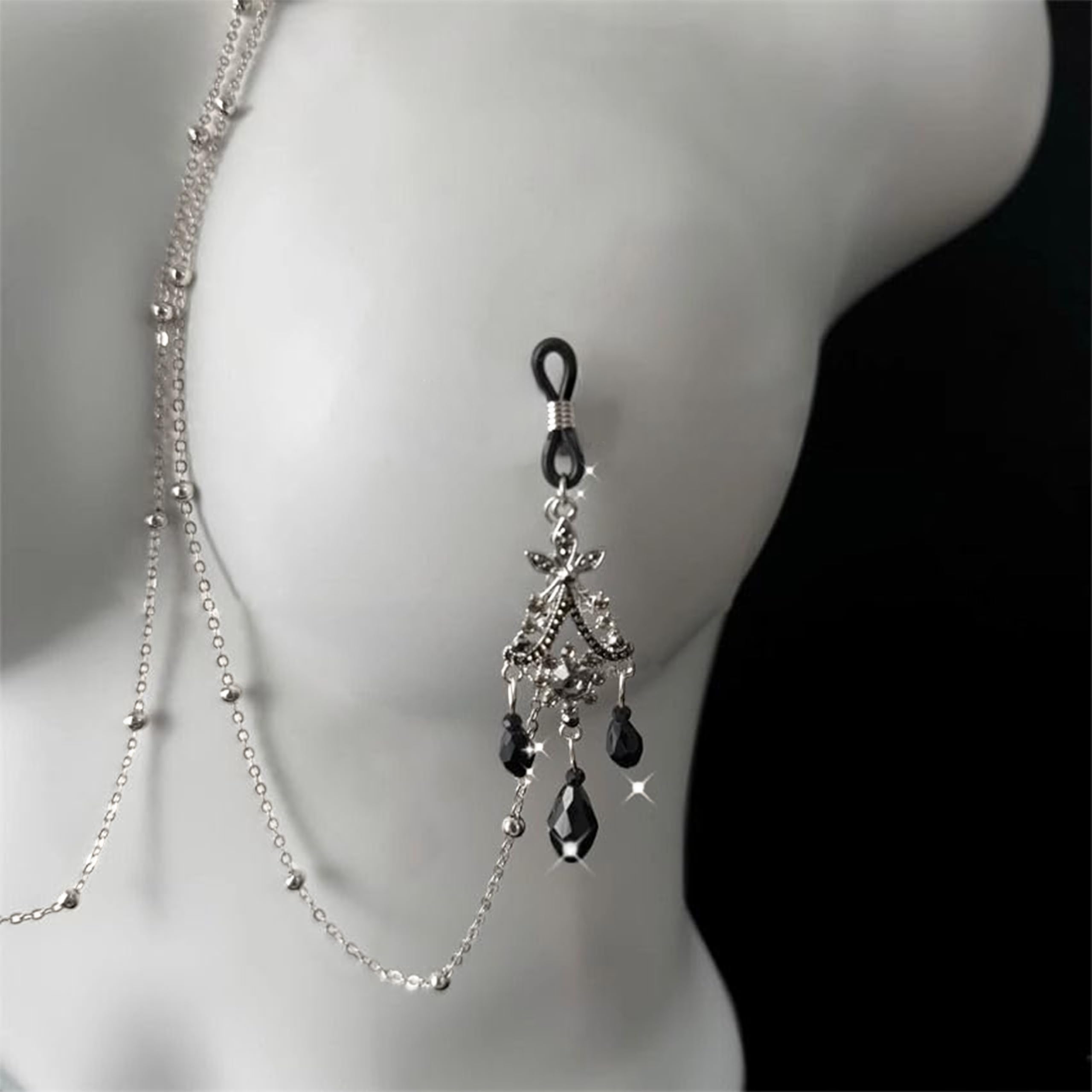 Baroque Black Swan Nipple Clamps with Chain Necklace - Adjustable Non-Piercing Sensory Toys for Women, Beginners Sensual Play (): Nipple Rings(silver)