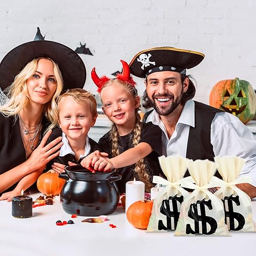 Miniatura 7 de 60 bolsas de dinero para golosinas, bolsas de celofán, bolsas de botín para fiesta de dólar, con cinta beige de 25 yardas para suministros de fiesta