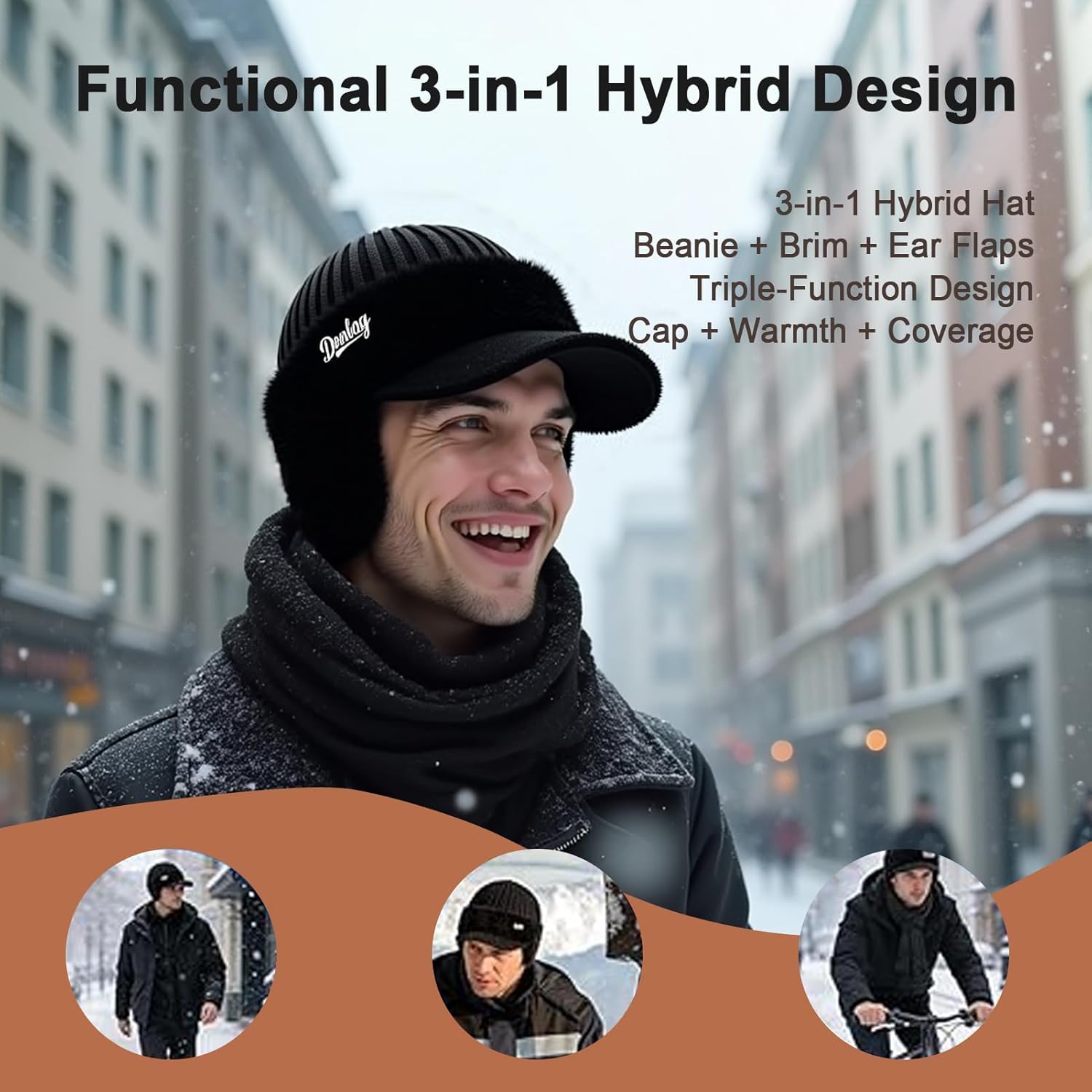 Cozy Head Beanie with Brim for Men & Women, Winter Hat with Ear Flaps, Coldshield Trapper, Golf Warm Lined Knit Cap