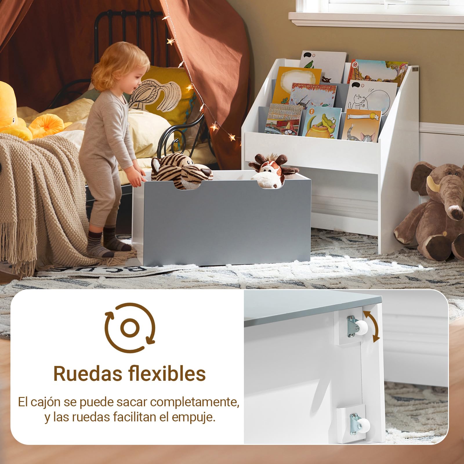 SoBuy Bibliothèque Enfant, Meuble Rangement Enfant avec 3 Niveaux et 1 Boîte de Rangement, Étagère Livre et Meuble Rangement Jouet pour Chambre, Coffre a Jouet, Blanc/Gris 62,5x30x70cm KMB17-HG